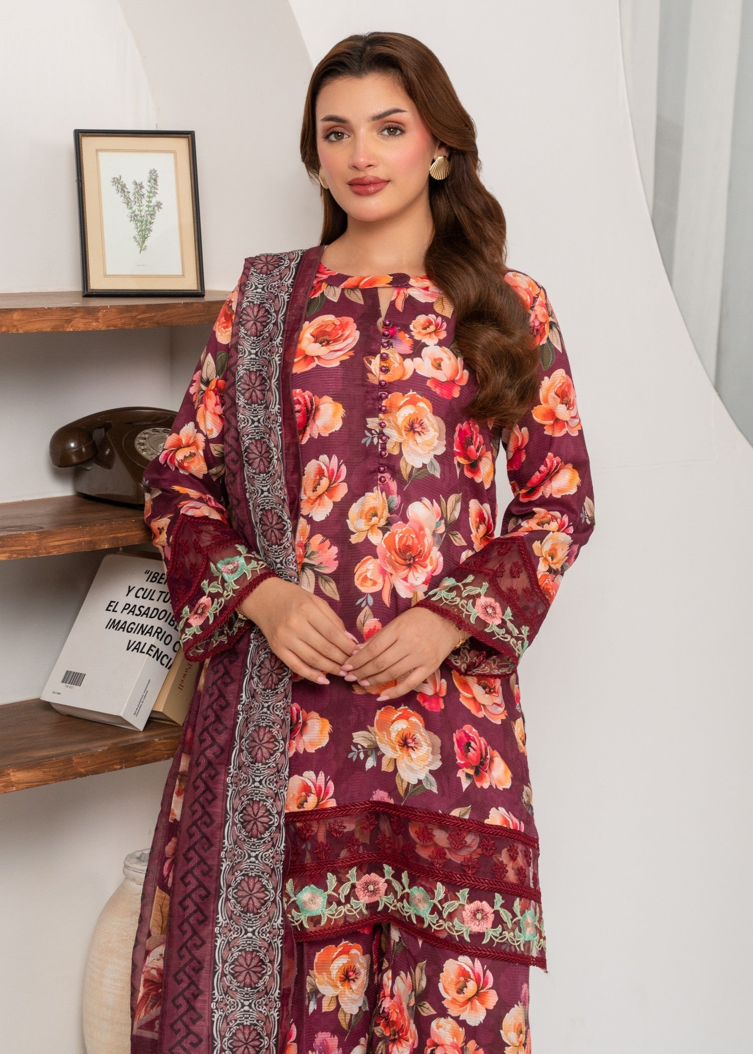 textured lawn Kurta Set in Maroon