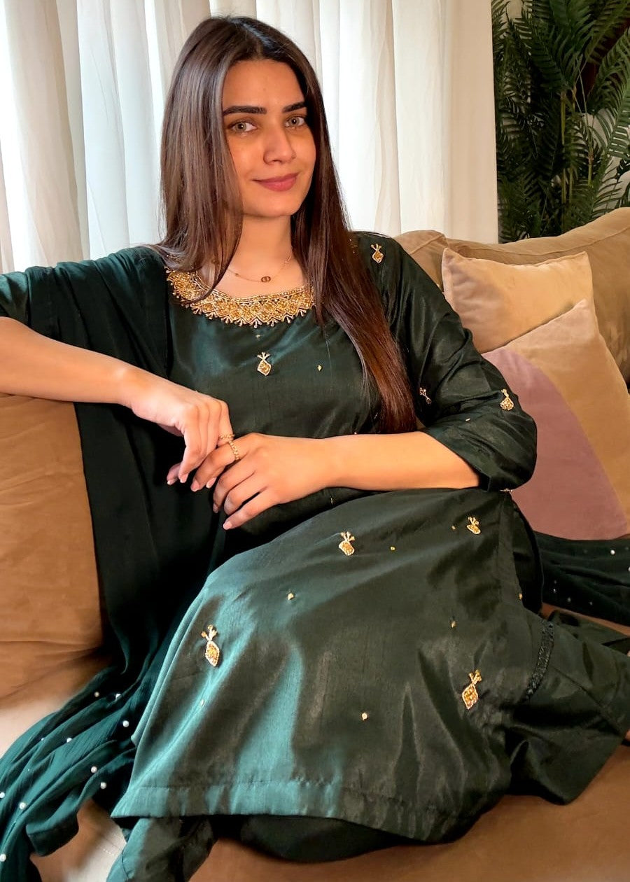 cotton silk Kurta Set in Bottle green