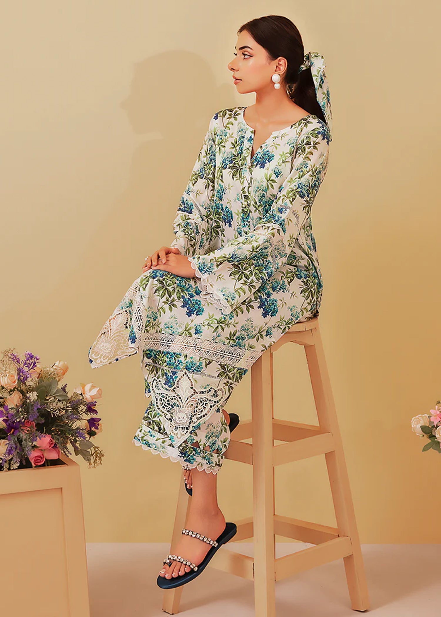 lawn Co Ord Sets in Teal, ivory