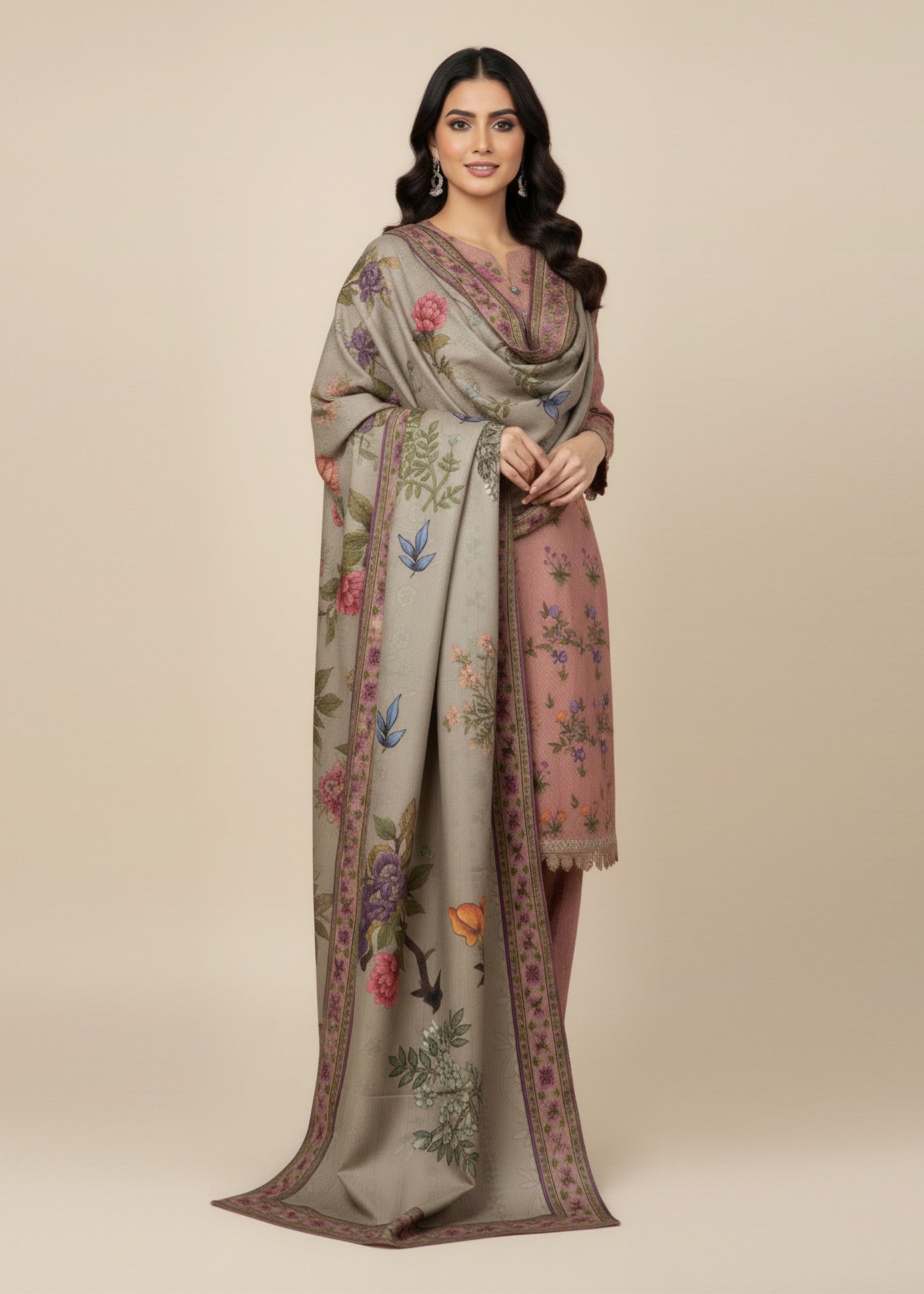 khaddar Kurta Set in Pink sherbert