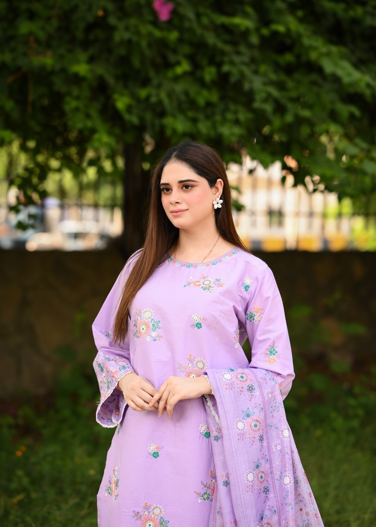 cambric Kurta Set in Mauve