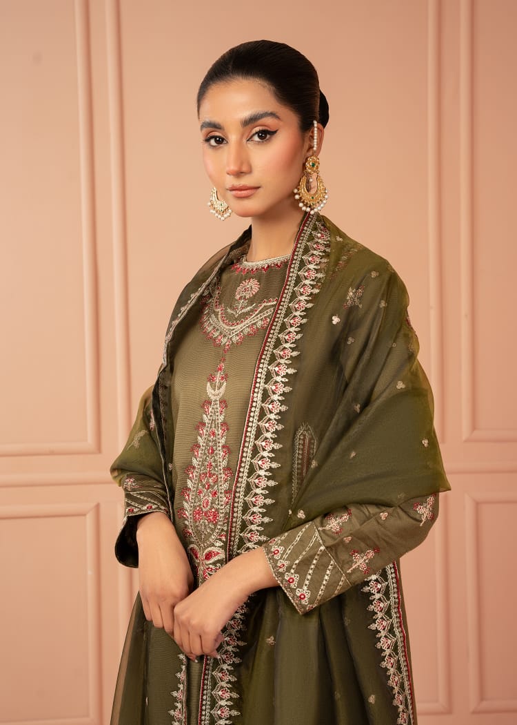 cotton net Kurta Set in Olive green