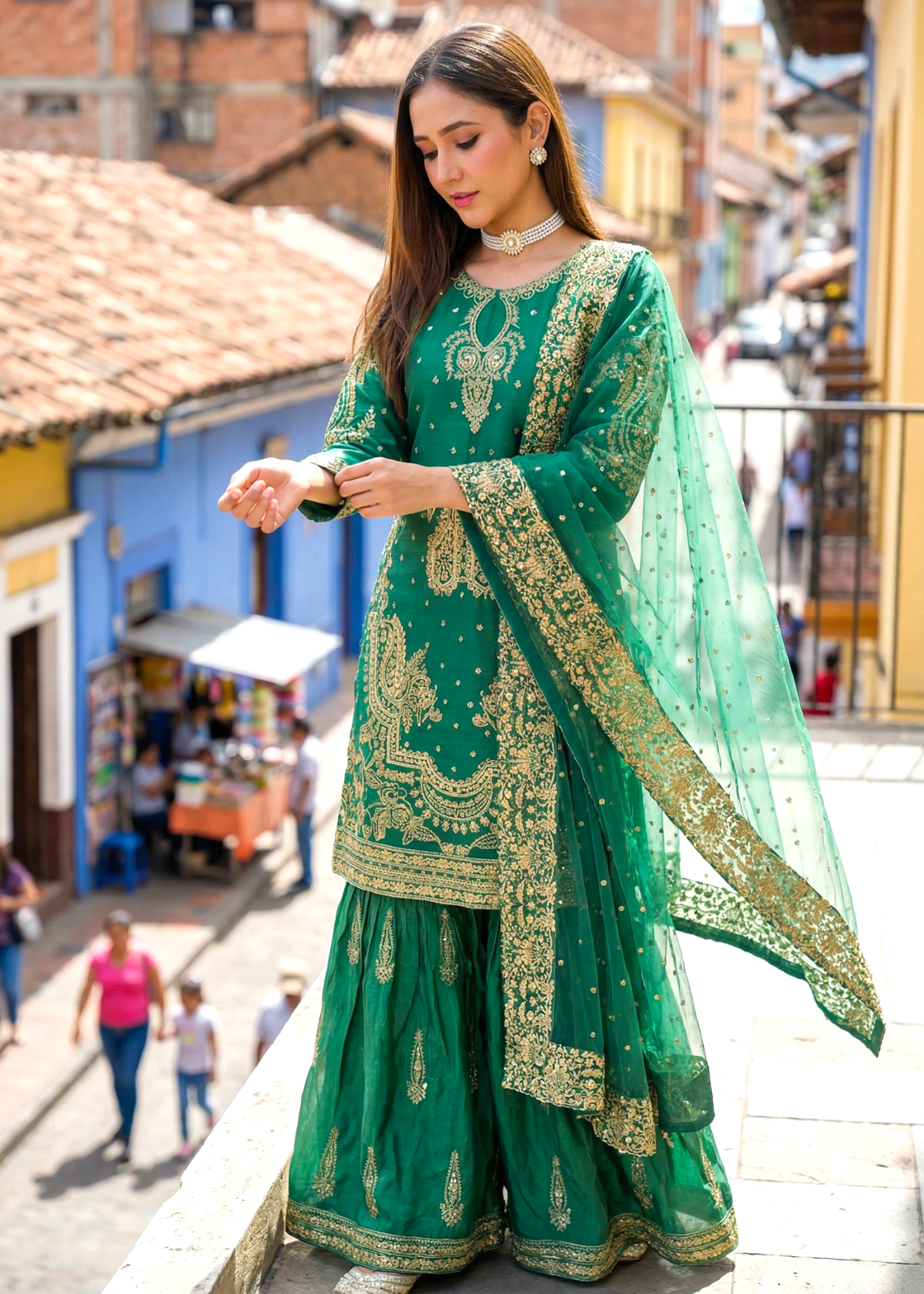 chiffon Gharara in Emerald green
