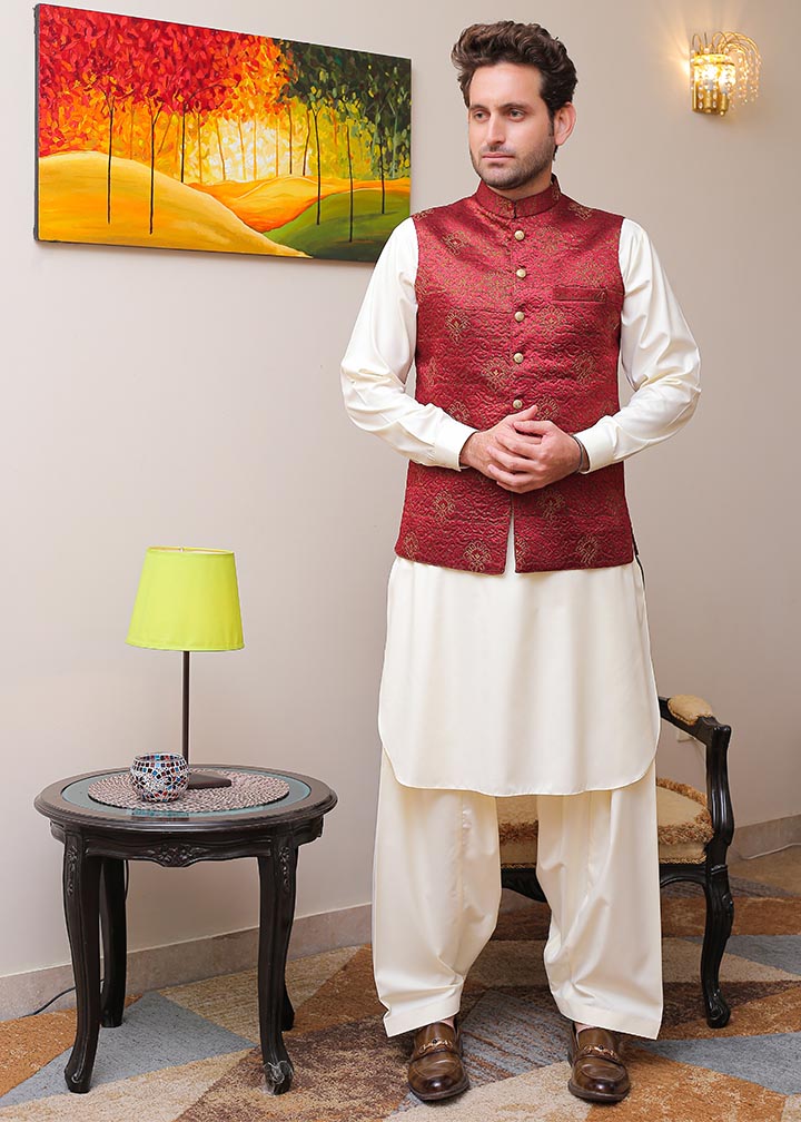 banarsi silk Waistcoat in Maroon