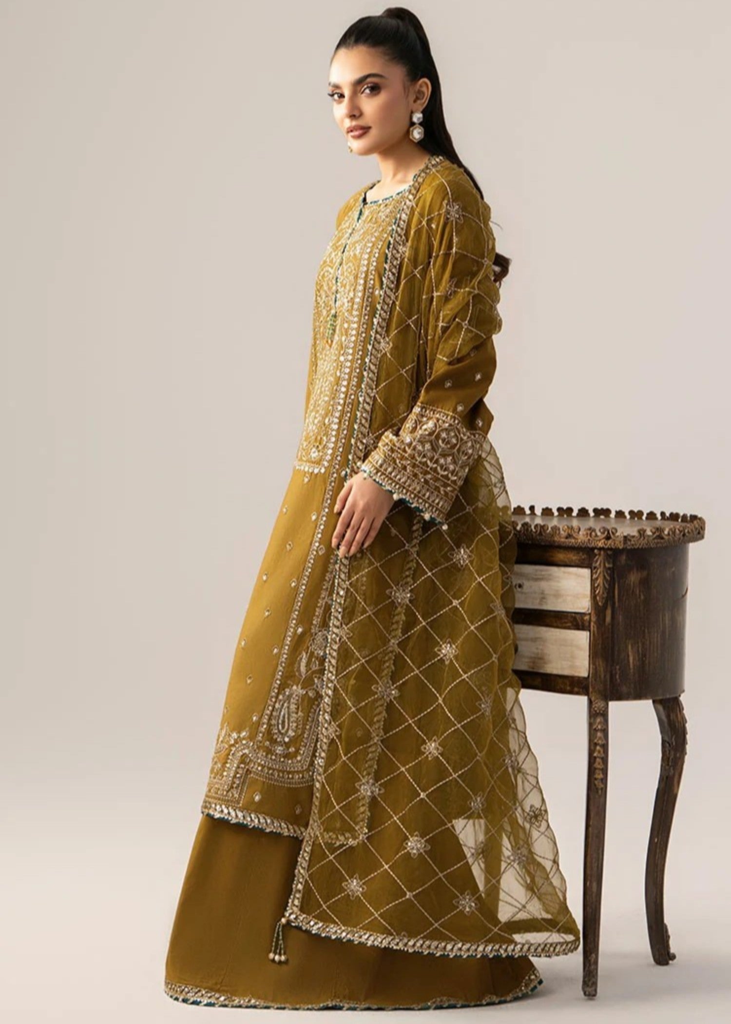 blended satin Kurta Set in Olive green, yellow green