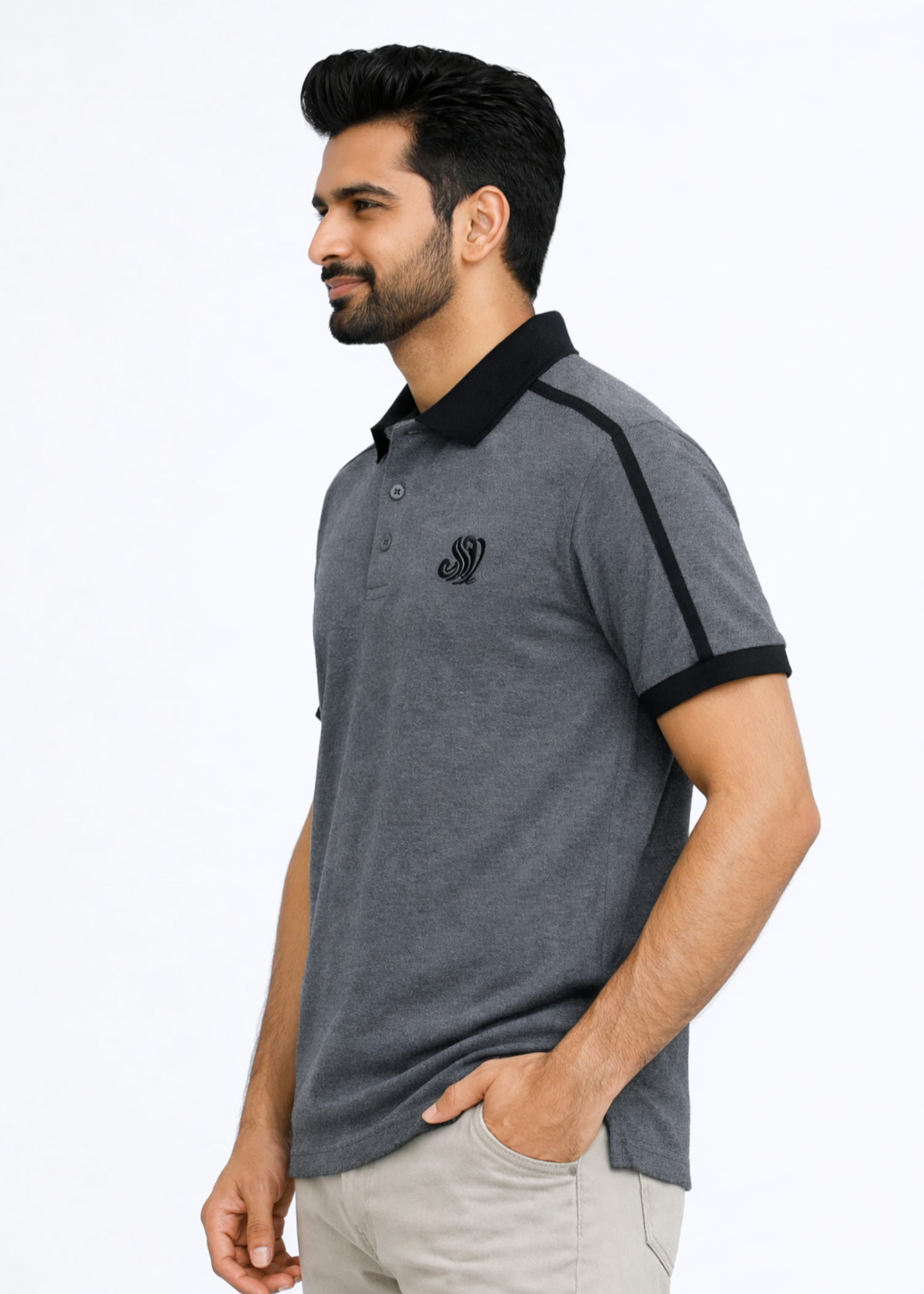 single jersey knit Polo Shirt in Charcoal
