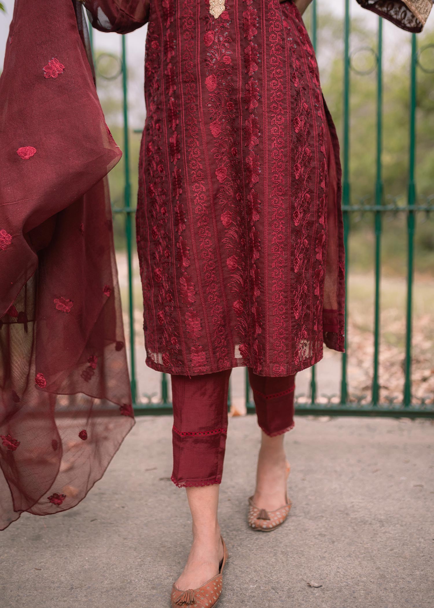 net Kurta Set in Maroon