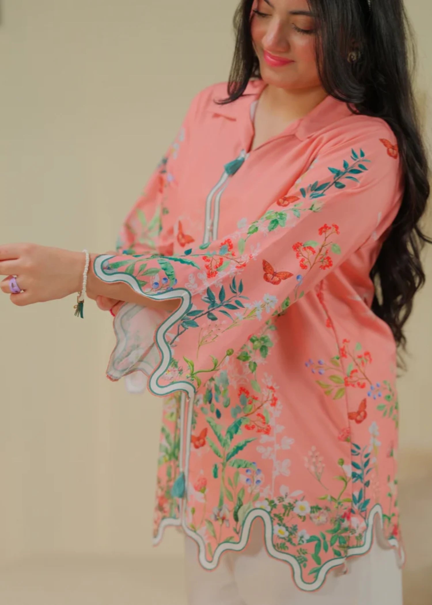 cambric Kurta Set in Peach pink