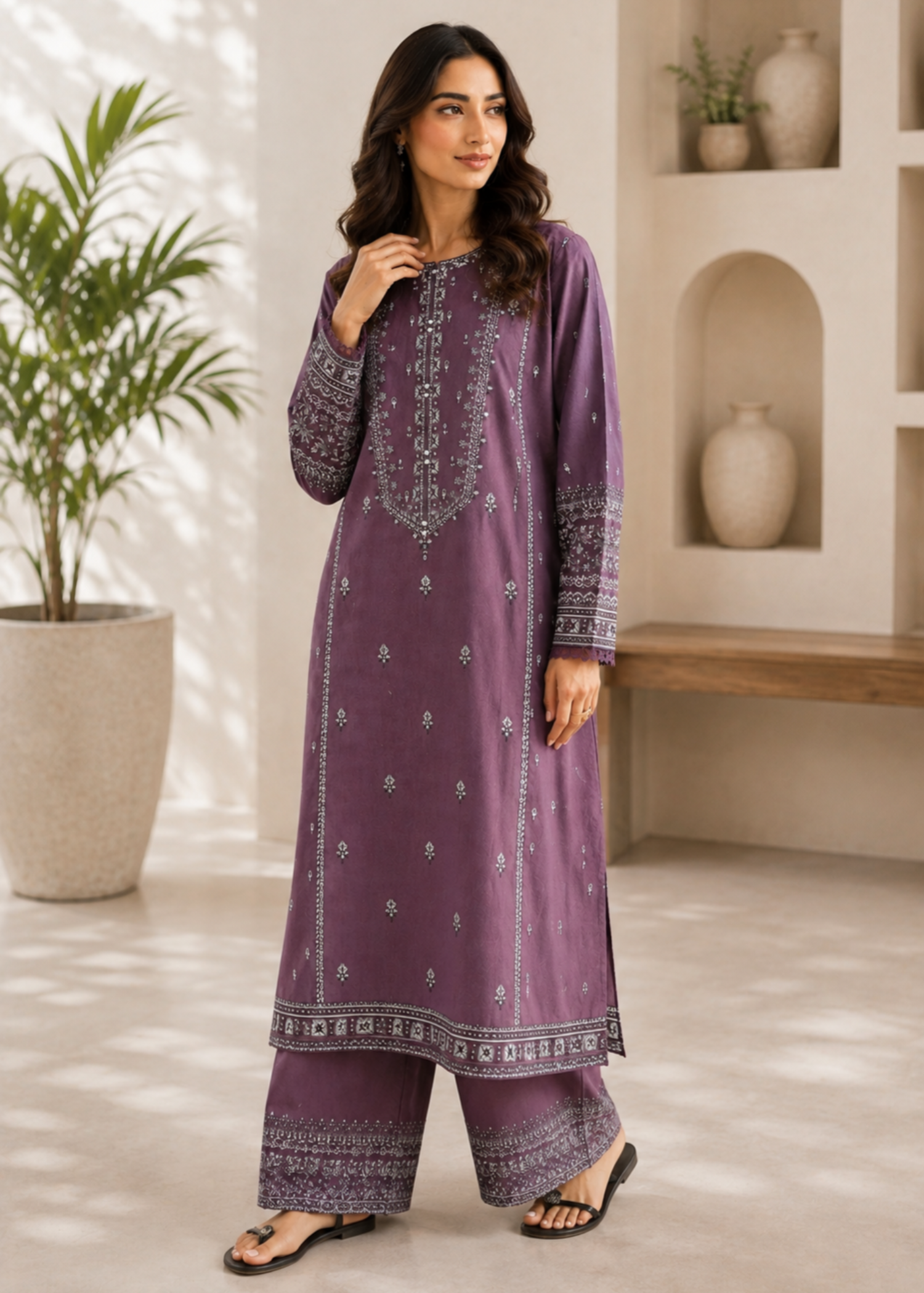 lawn cotton Kurta Set in Purple mountain majesty