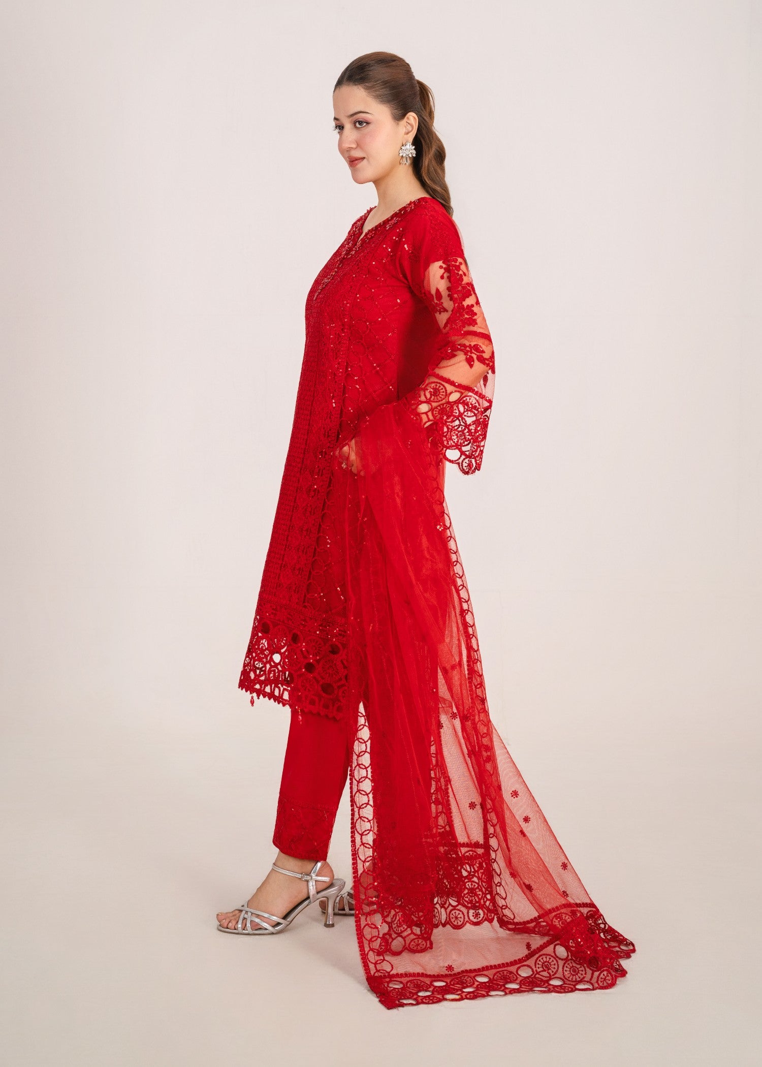 net Kurta Set in Red