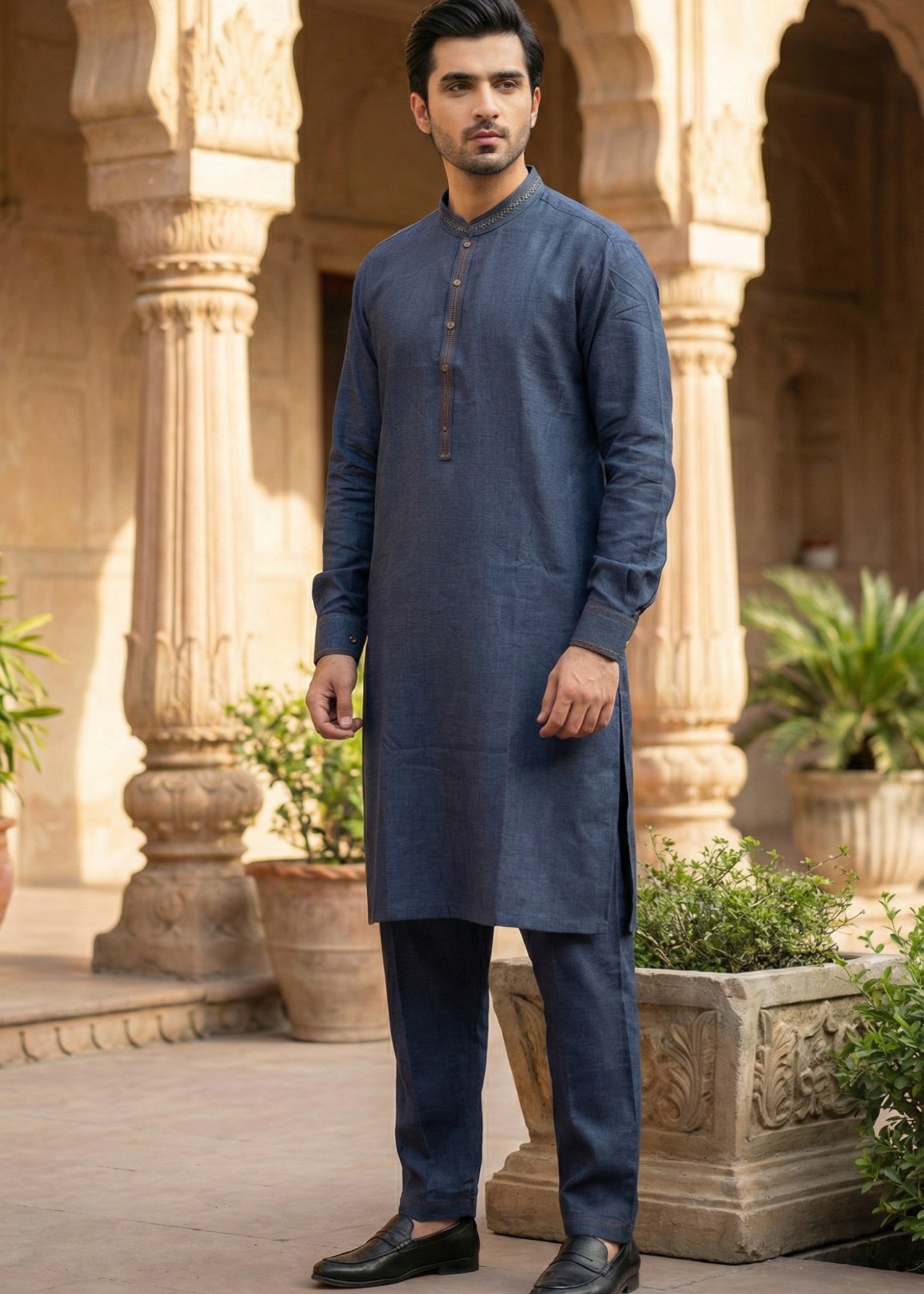 textured wash & wear Kurta Set in Blue