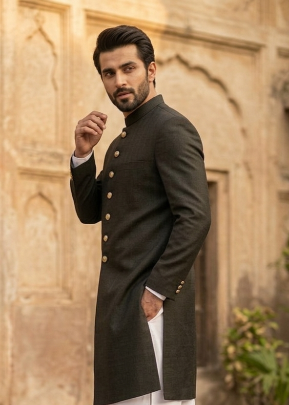 jamawar jacquard Sherwani in Army green
