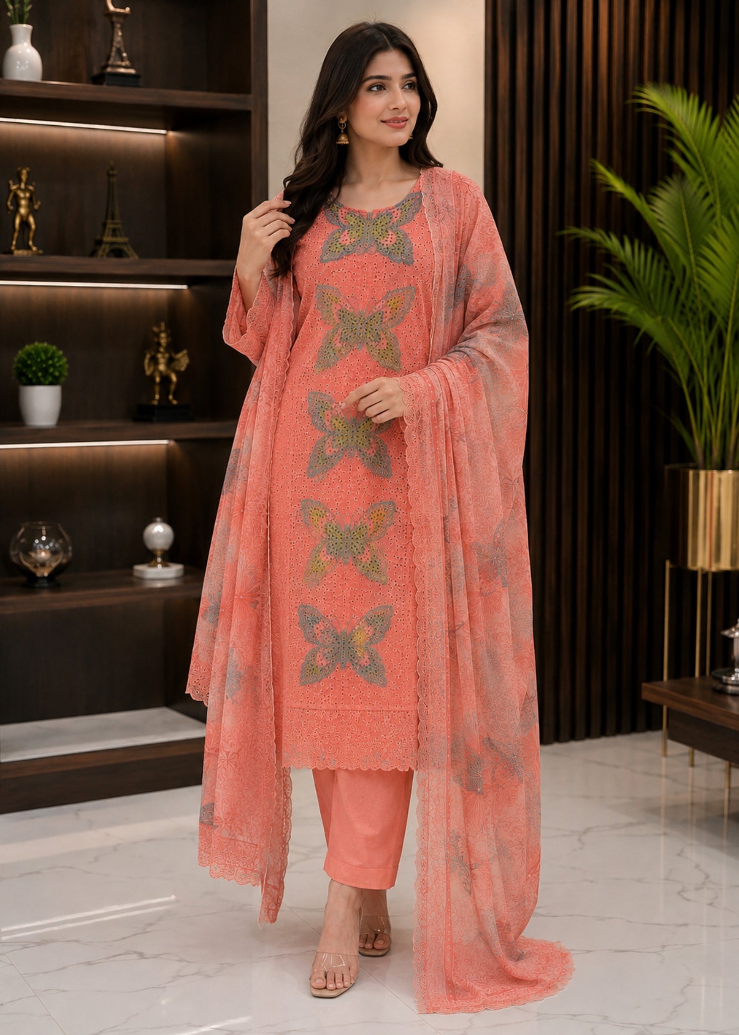 textured lawn Kurta Set in Coral orange