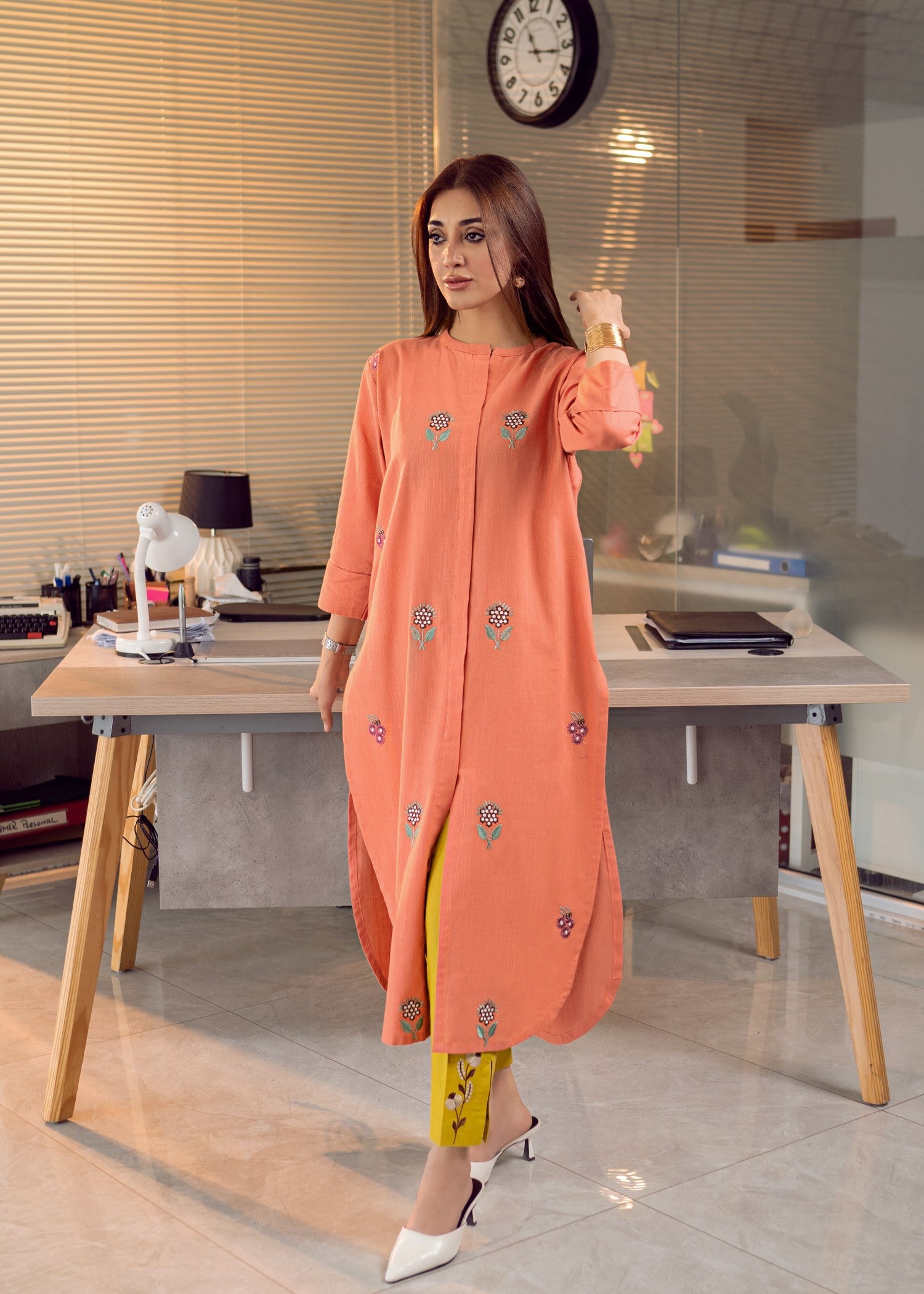 slub khaddar Kurta Set in Mustard, tea rose pink