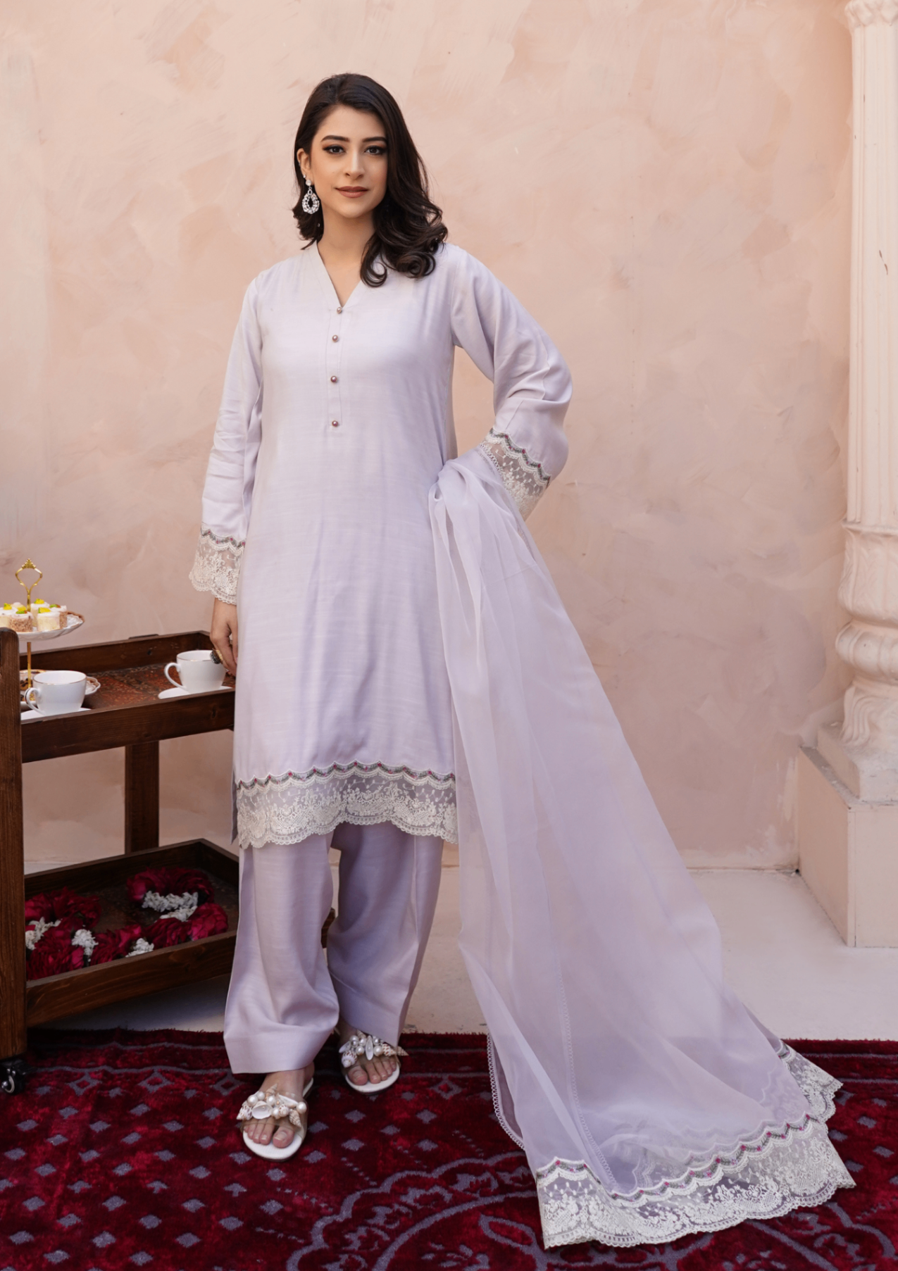 viscose raw silk Kurta Set in Lavender