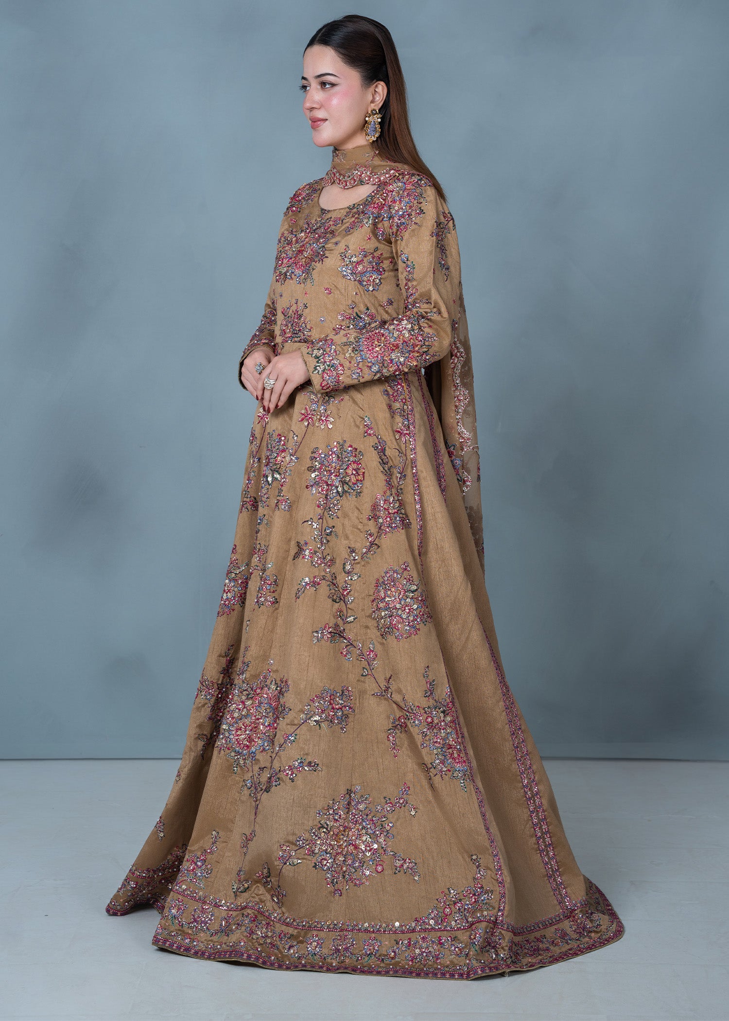 raw silk Maxi in Camel brown