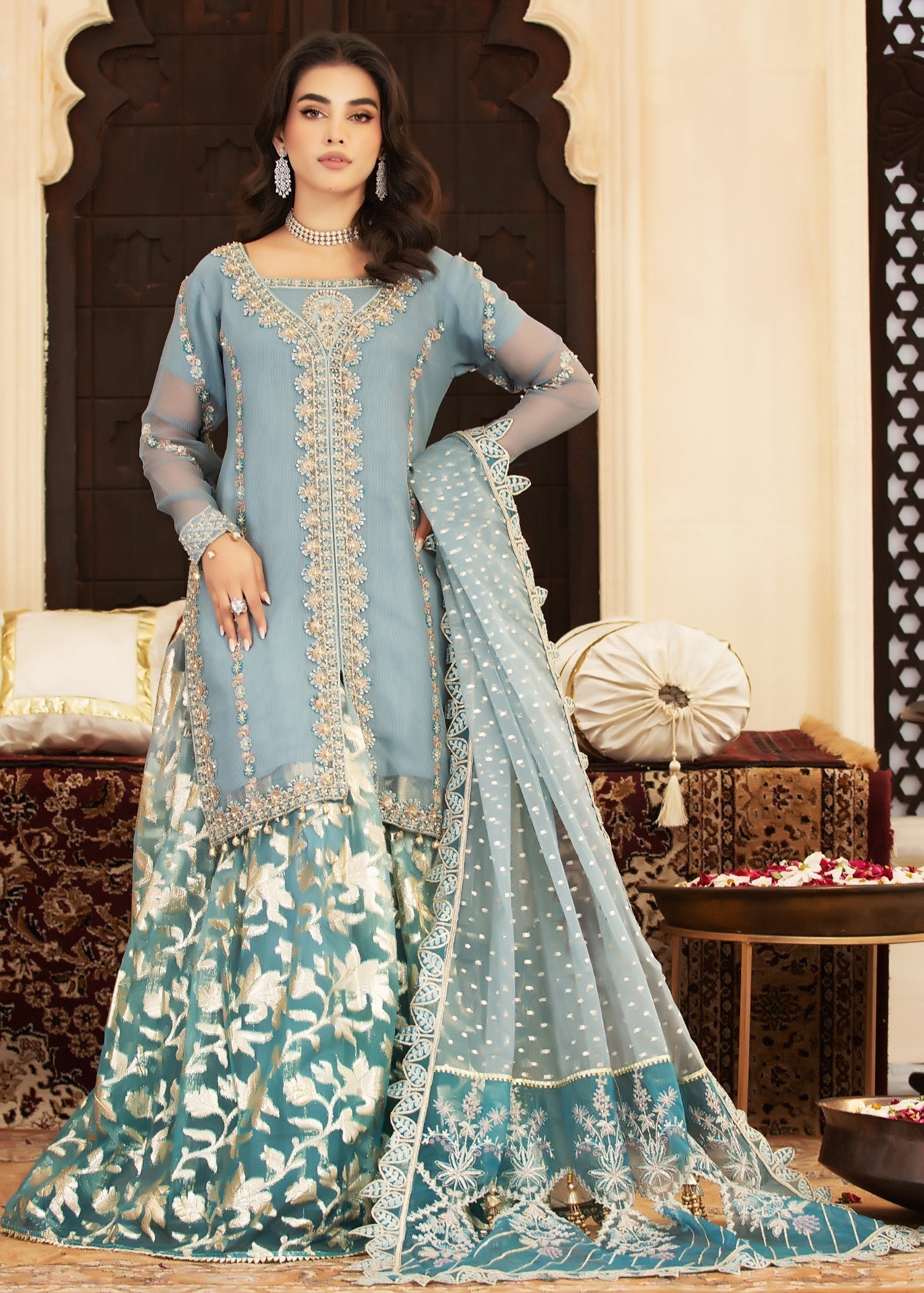 cotton net Sharara in Sky blue