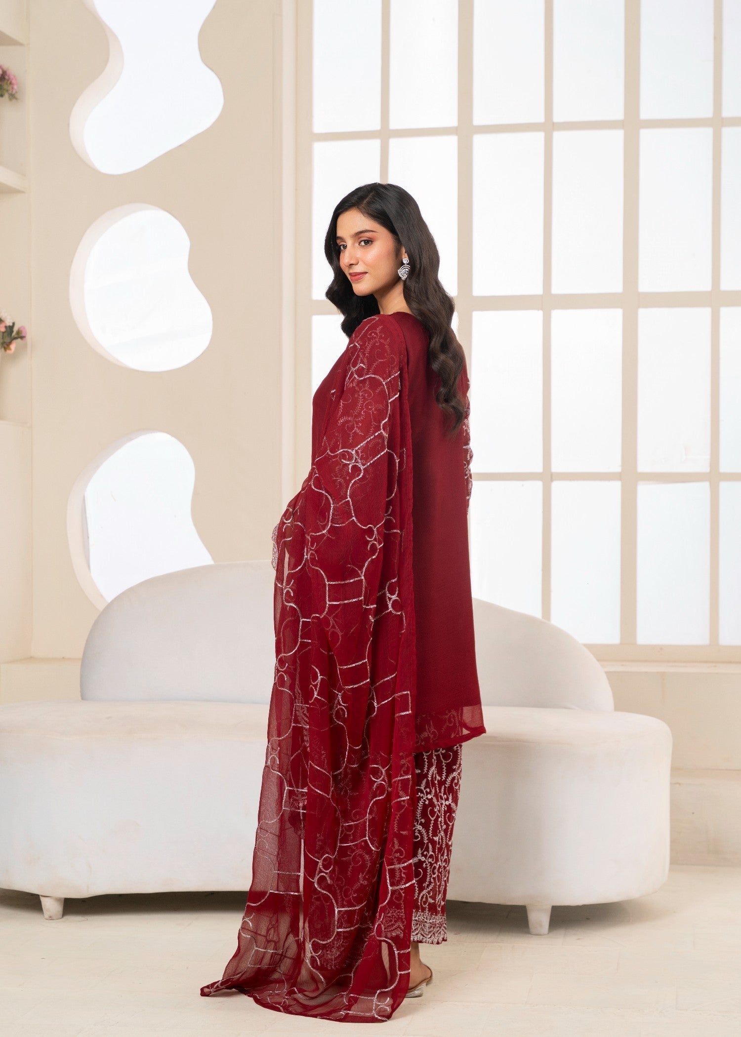 chiffon Kurta Set in Maroon