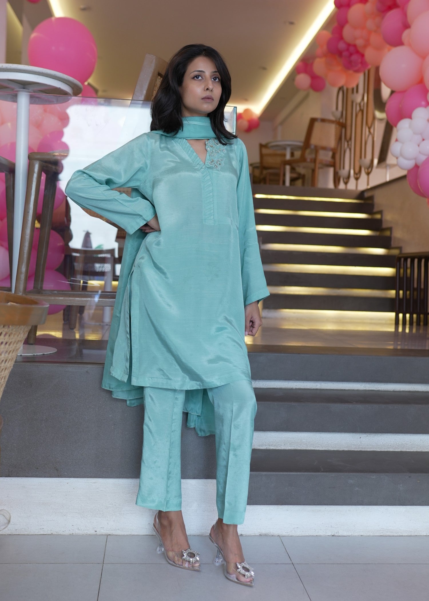 raw silk Kurta Set in Ice blue
