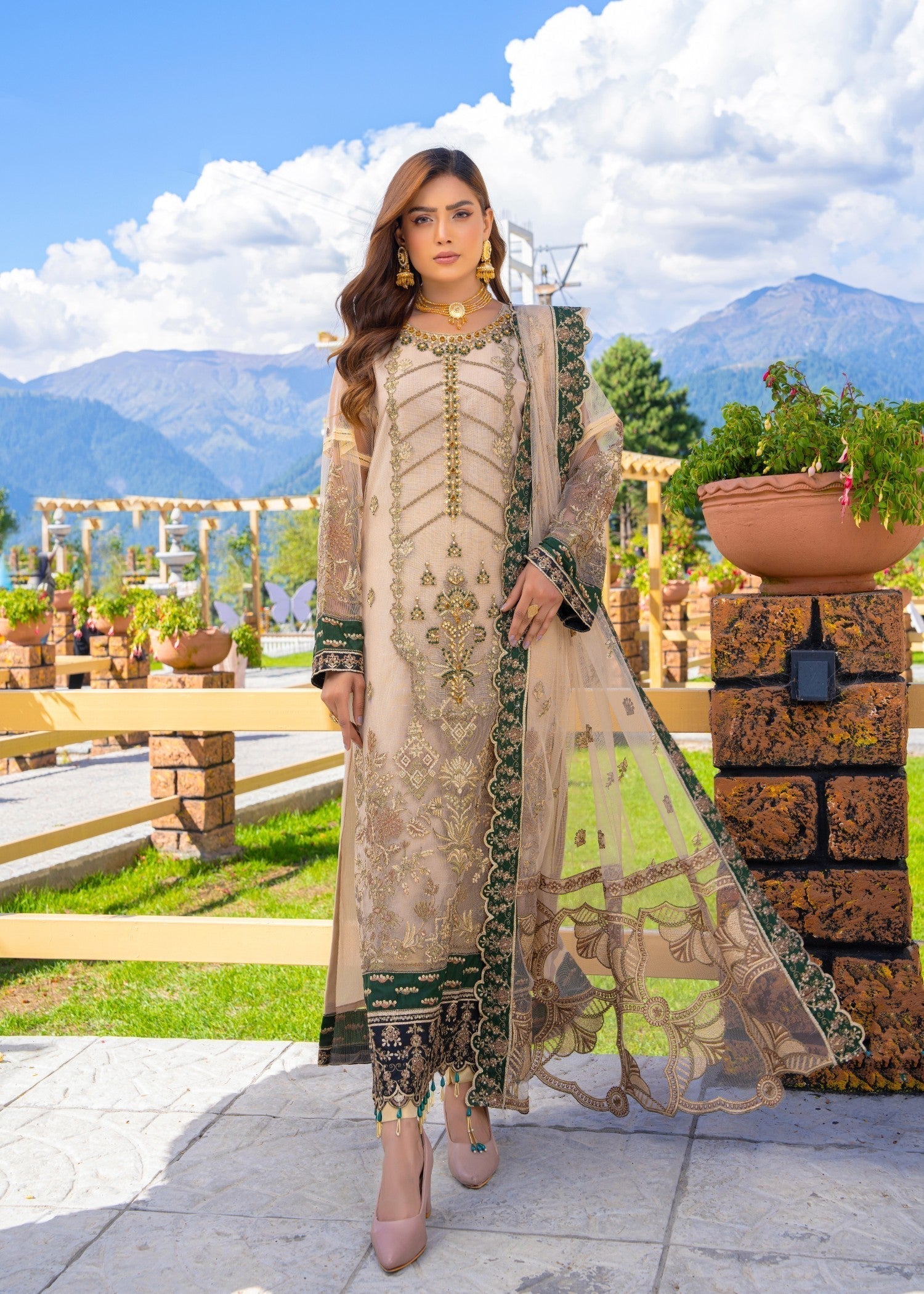 net Kurta Set in Tan brown