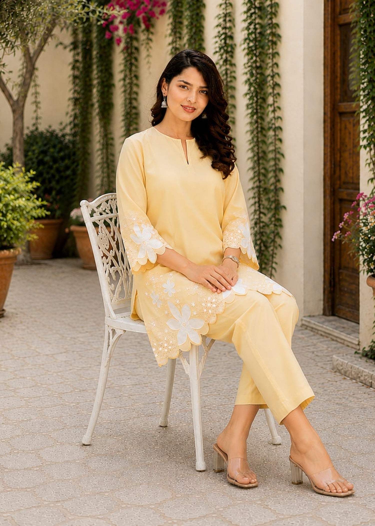 lawn cotton Kurta Set in Lemon