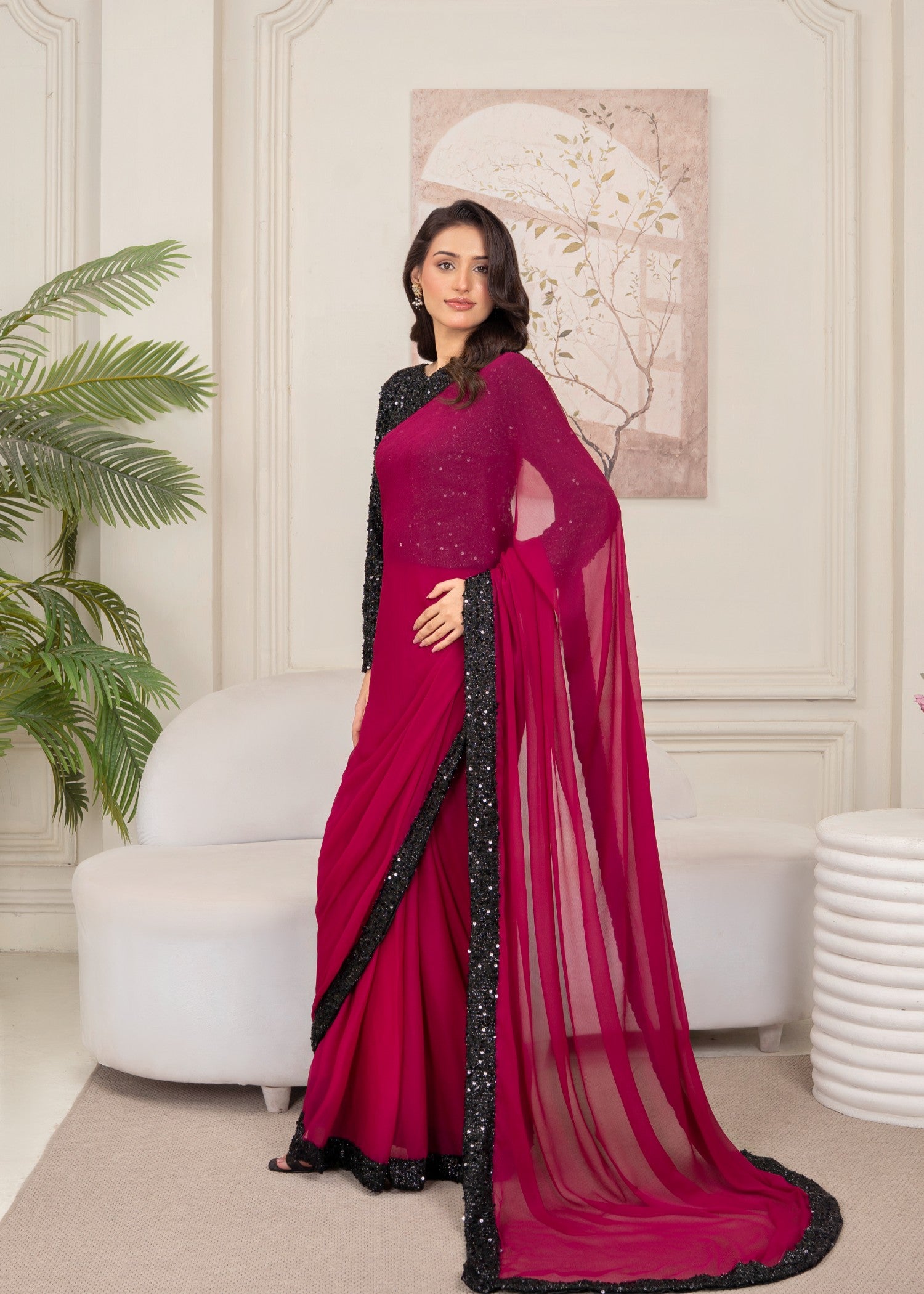 bemberg crinkle chiffon Saree in Magenta