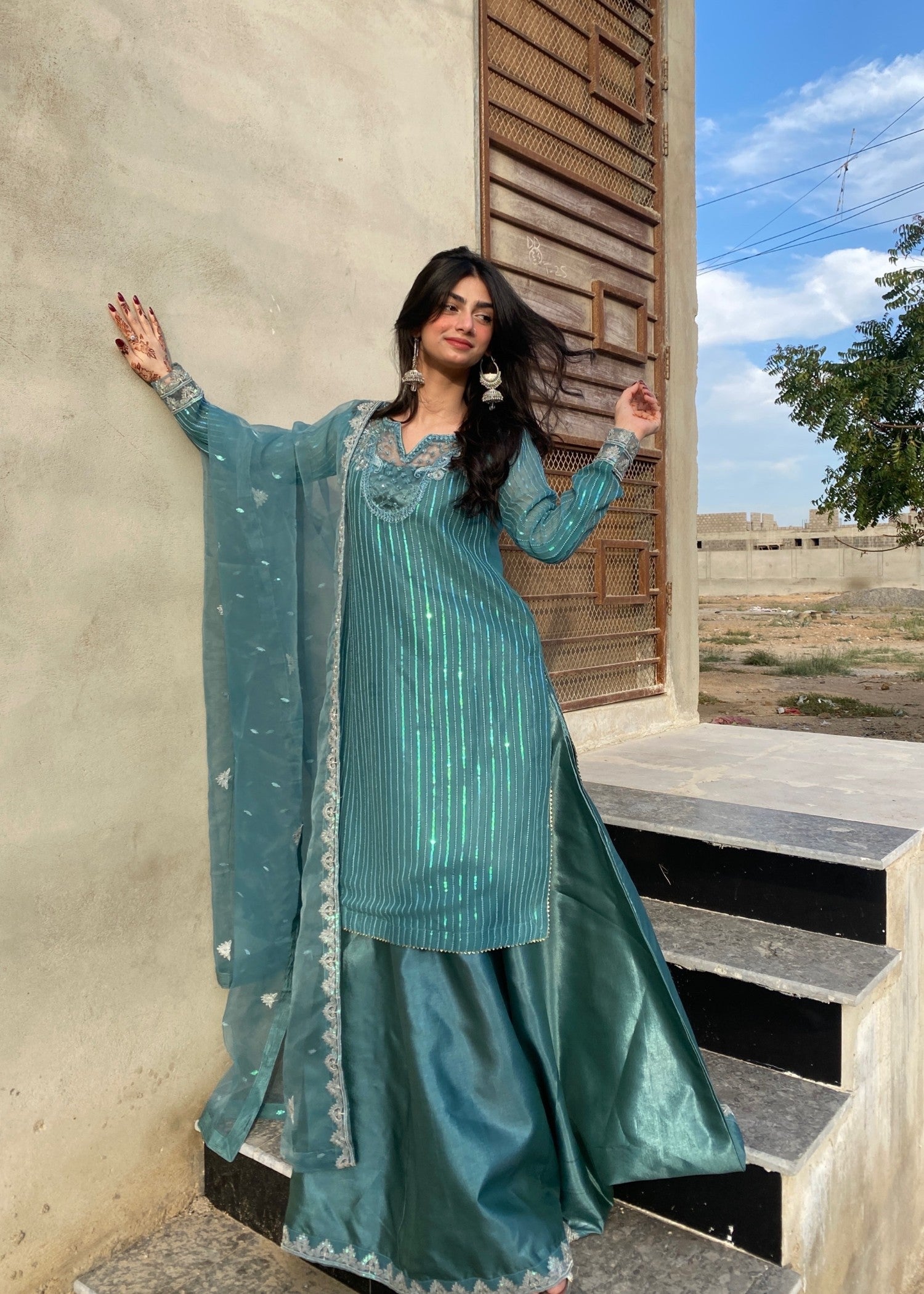 chiffon Kurta Set in Parrot green