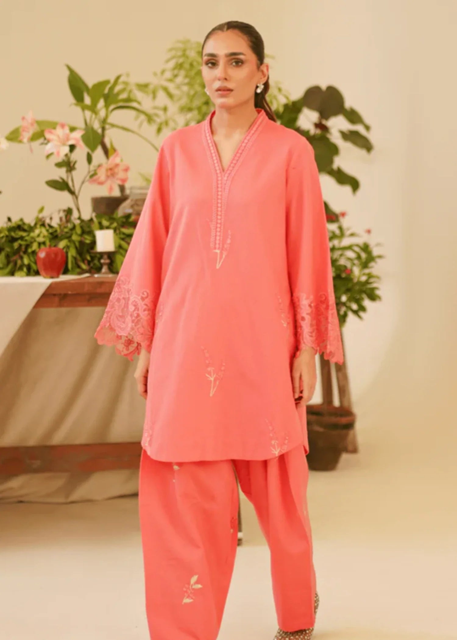 khaddar Kurta Set in Watermelon pink