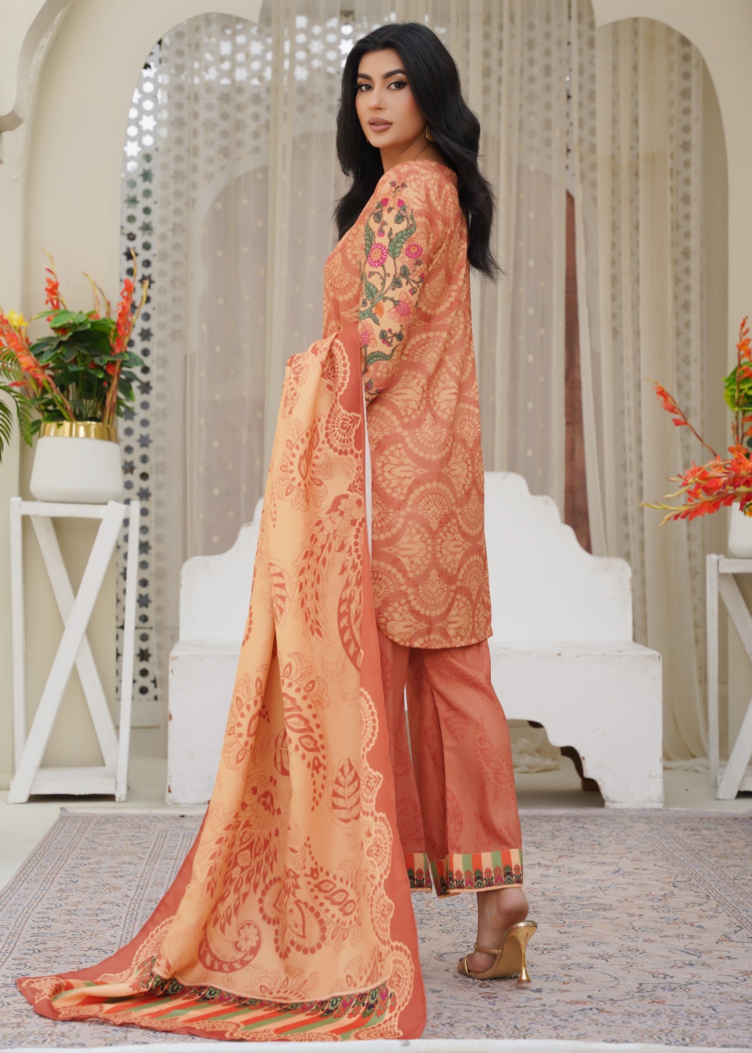 raw silk Kurta Set in Desert orange