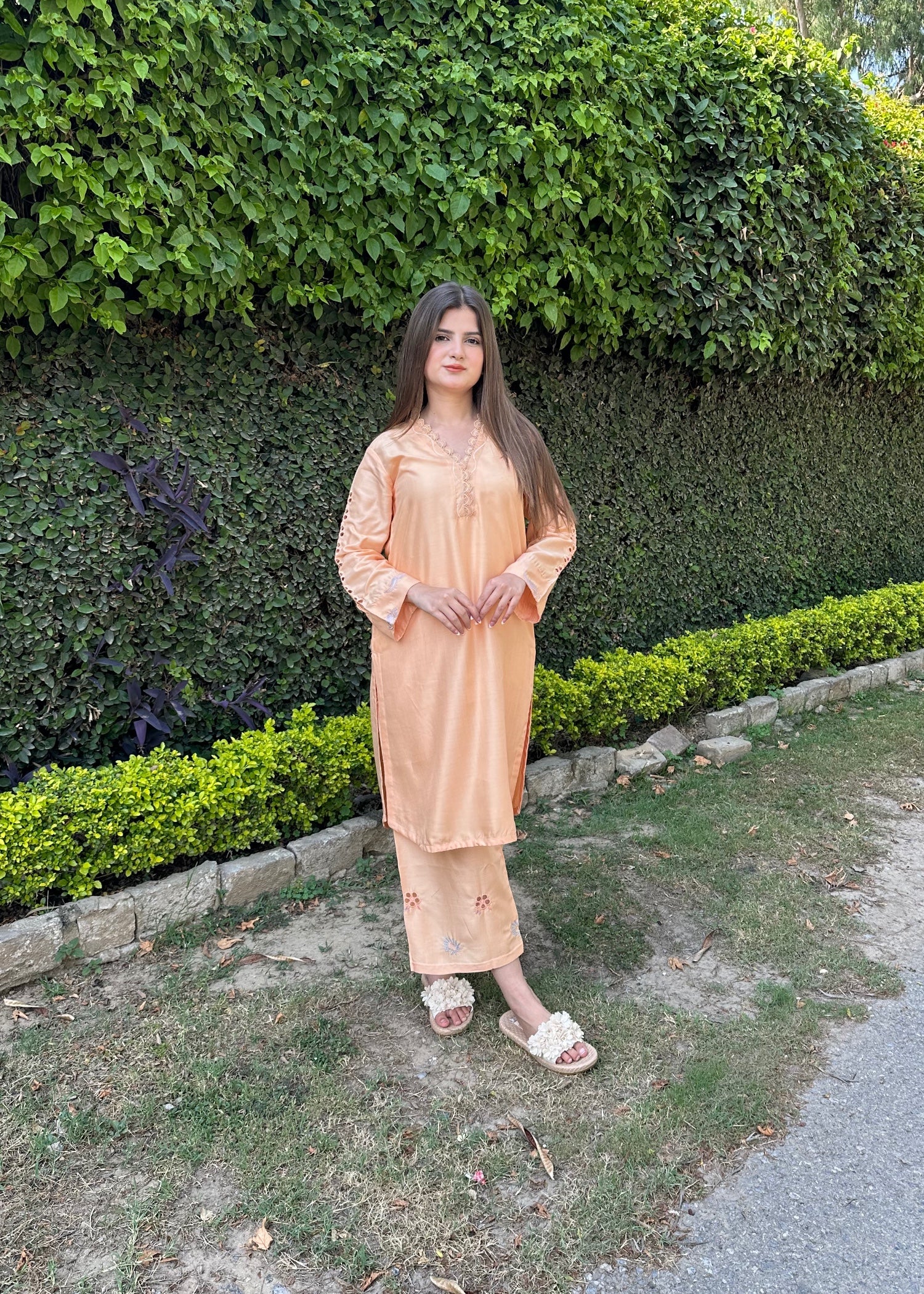 arabic lawn Kurta Set in Peach orange