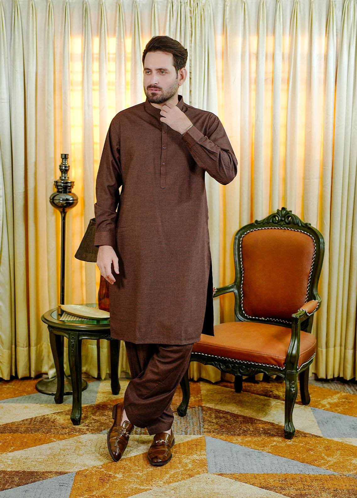 acrylic wool Shalwar Kameez in Rustic brown