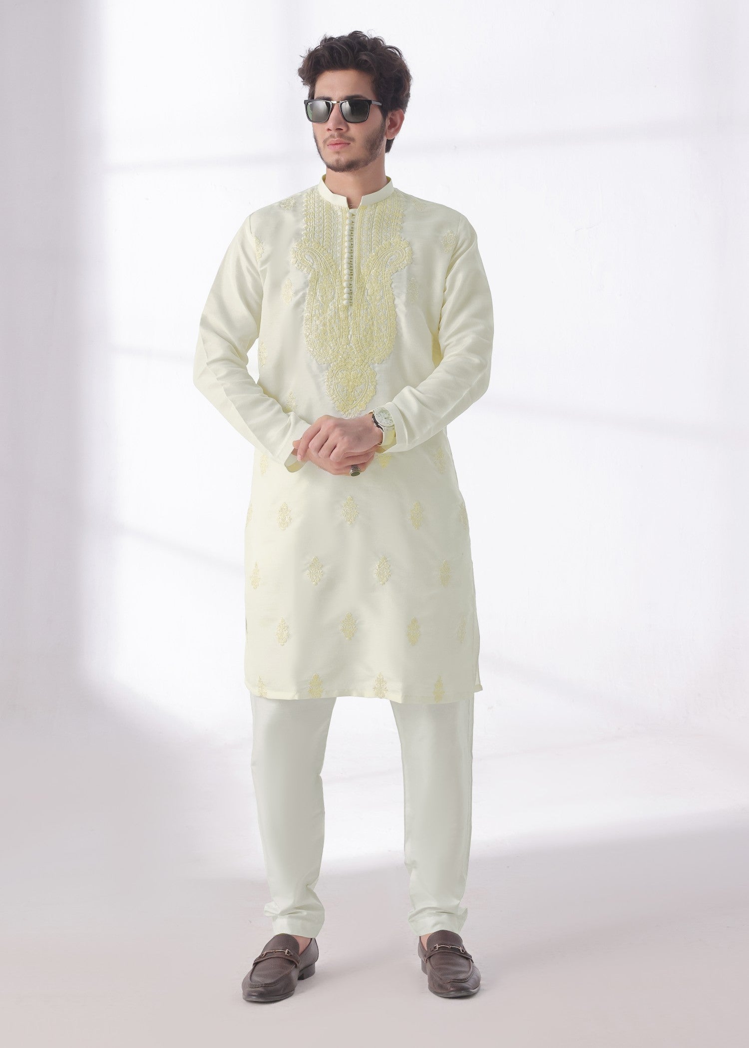 raw silk Kurta Set in Cream by Bin Musab