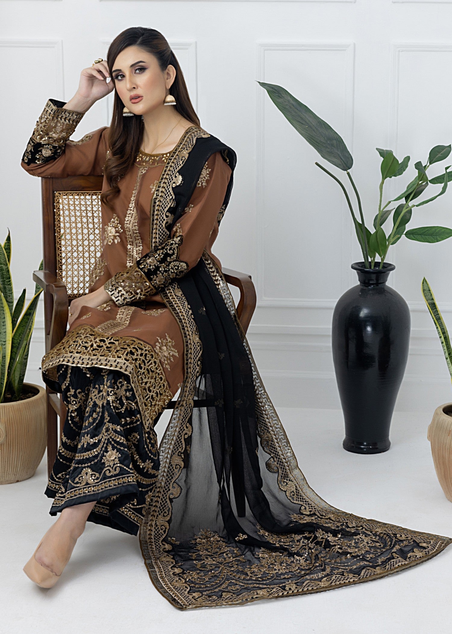 organza Kurta Set in Camel brown