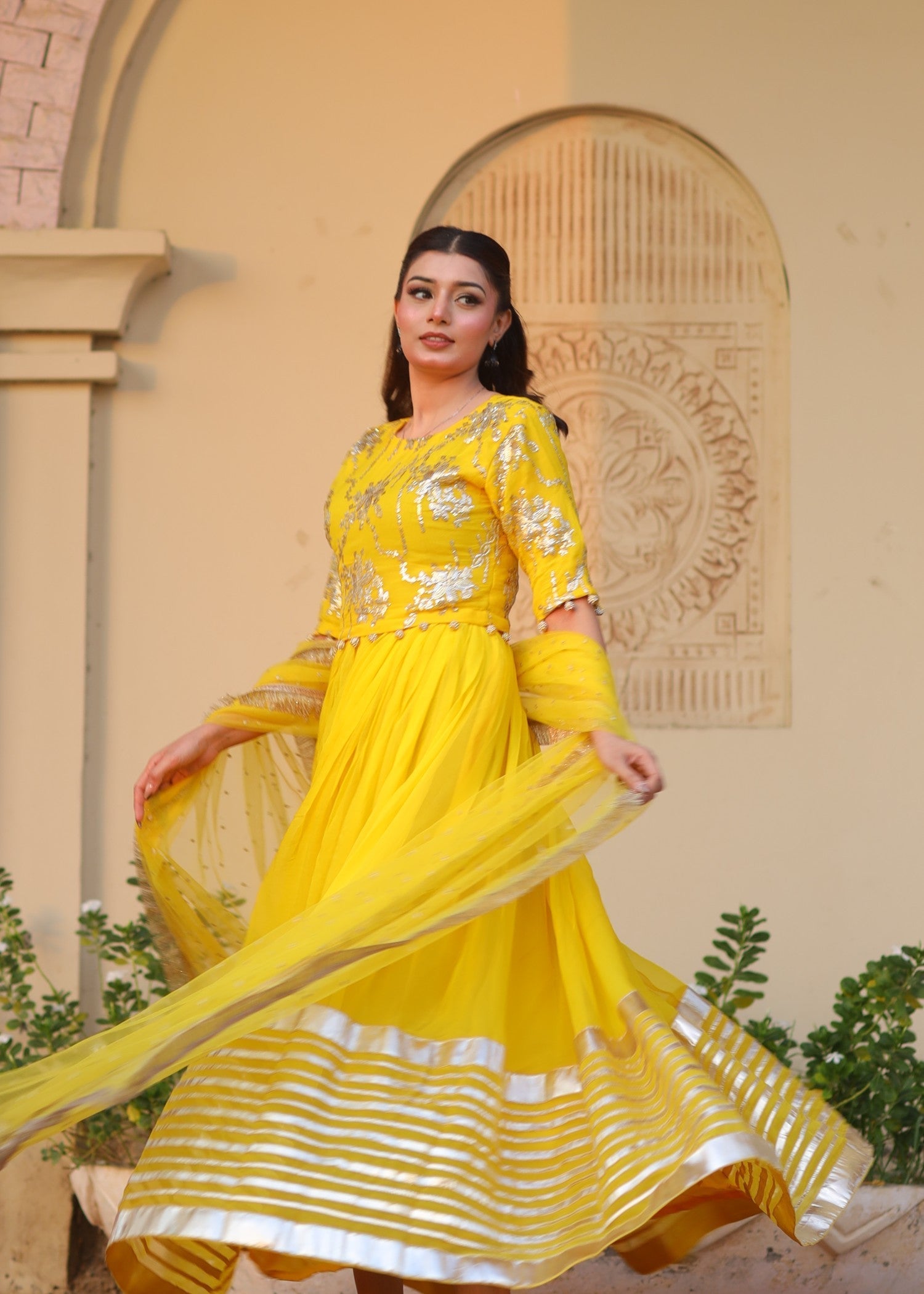 bemberg crinkle chiffon Lehenga in Yellow