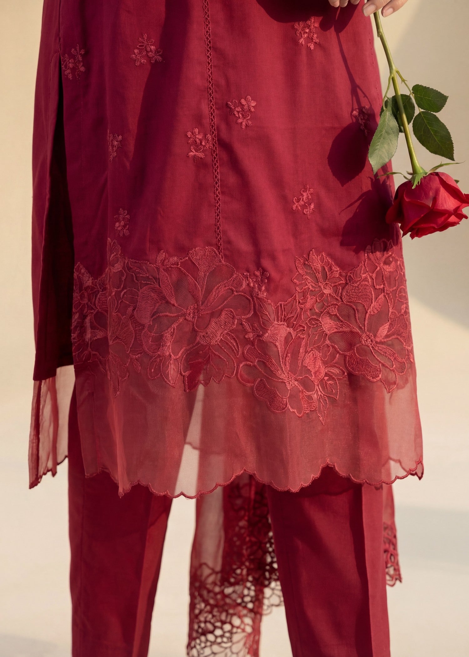 cotton Kurta Set in Maroon, brick red