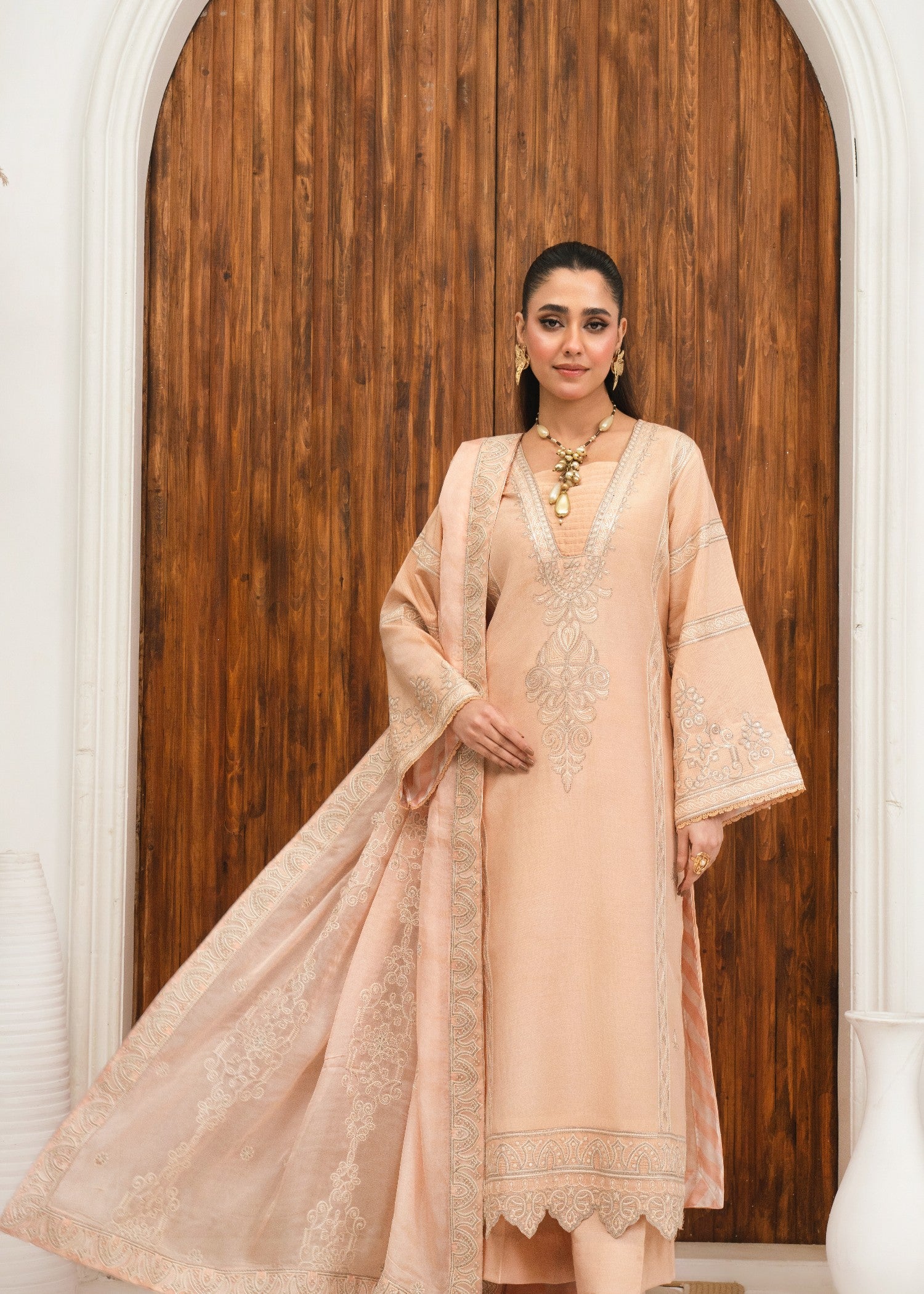 raw silk Kurta Set in Apricot orange, silver