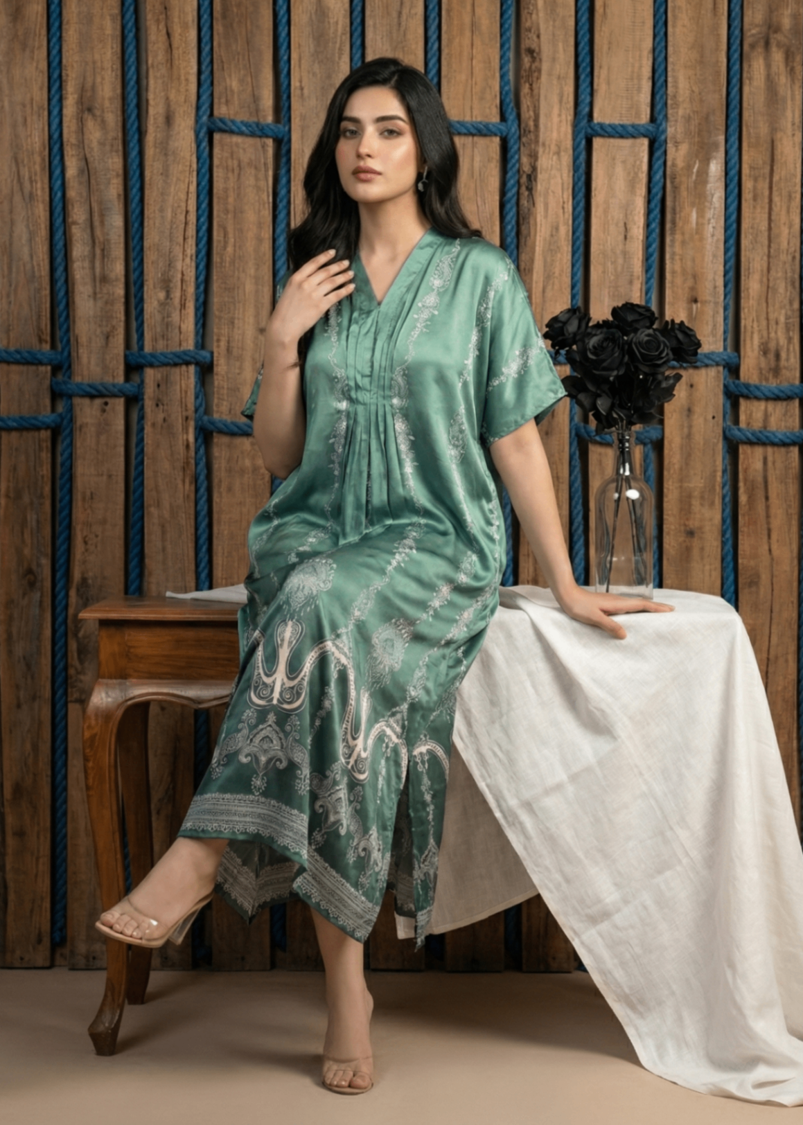 silk charmeuse Kaftan in Mint green