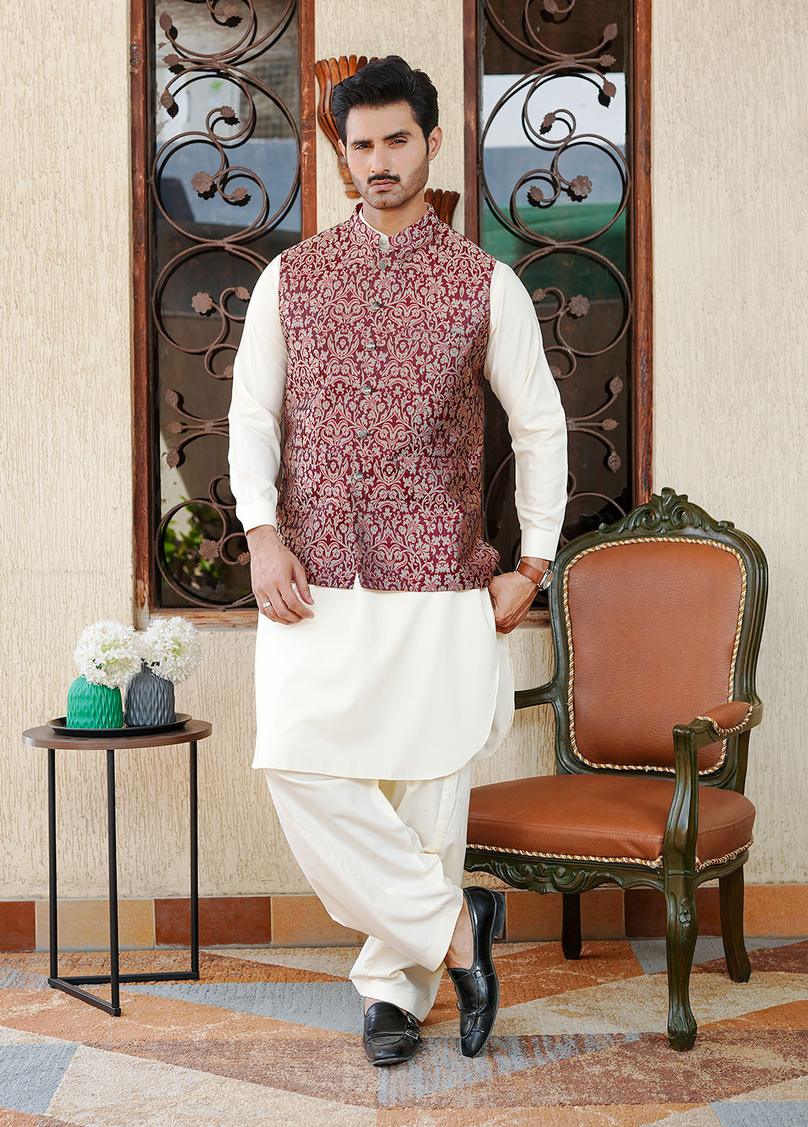 traditional jamawar Waistcoat in Cardinal red