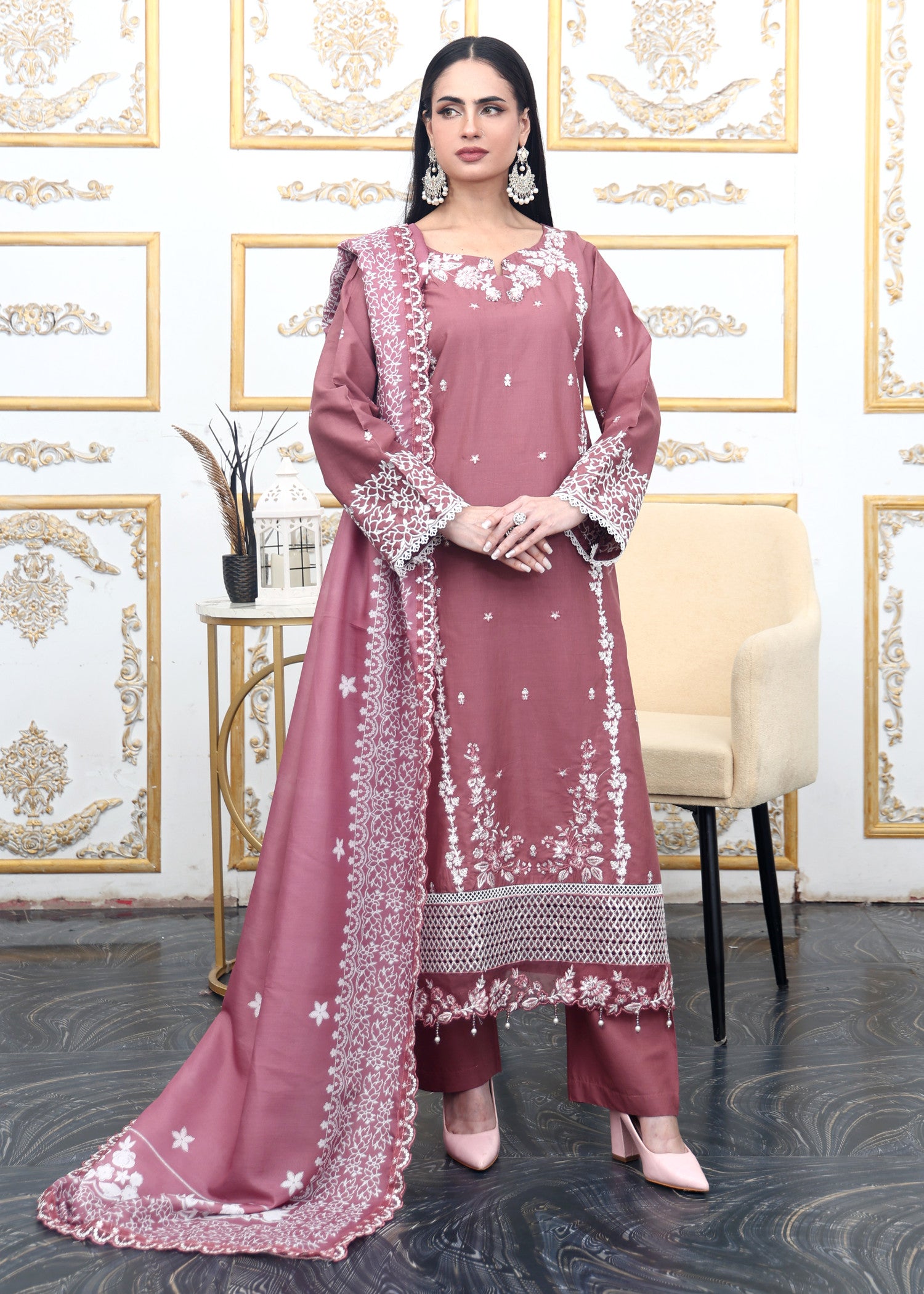 lawn cotton Kurta Set in Rose pink
