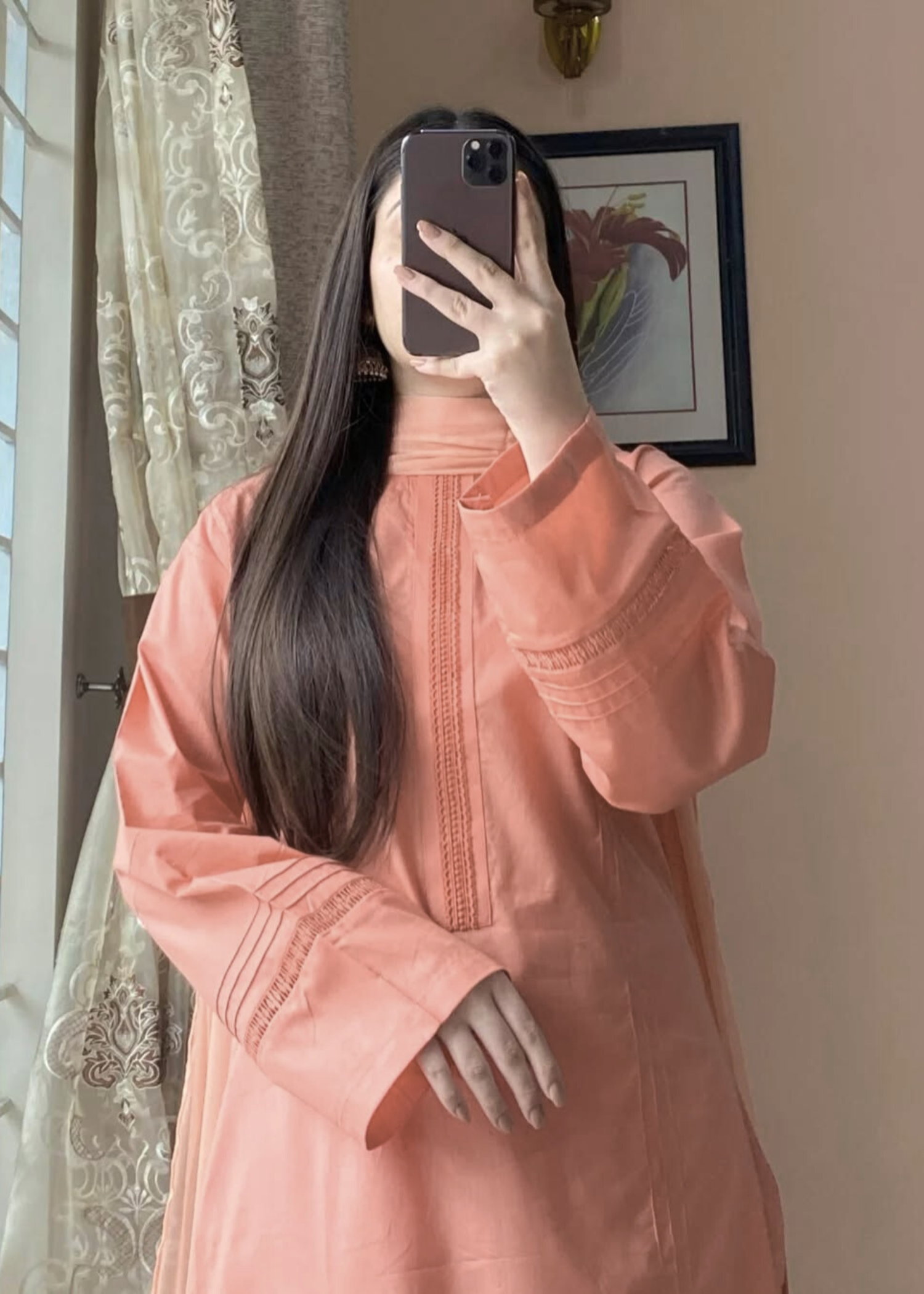 lawn cotton Kurta Set in Peach orange