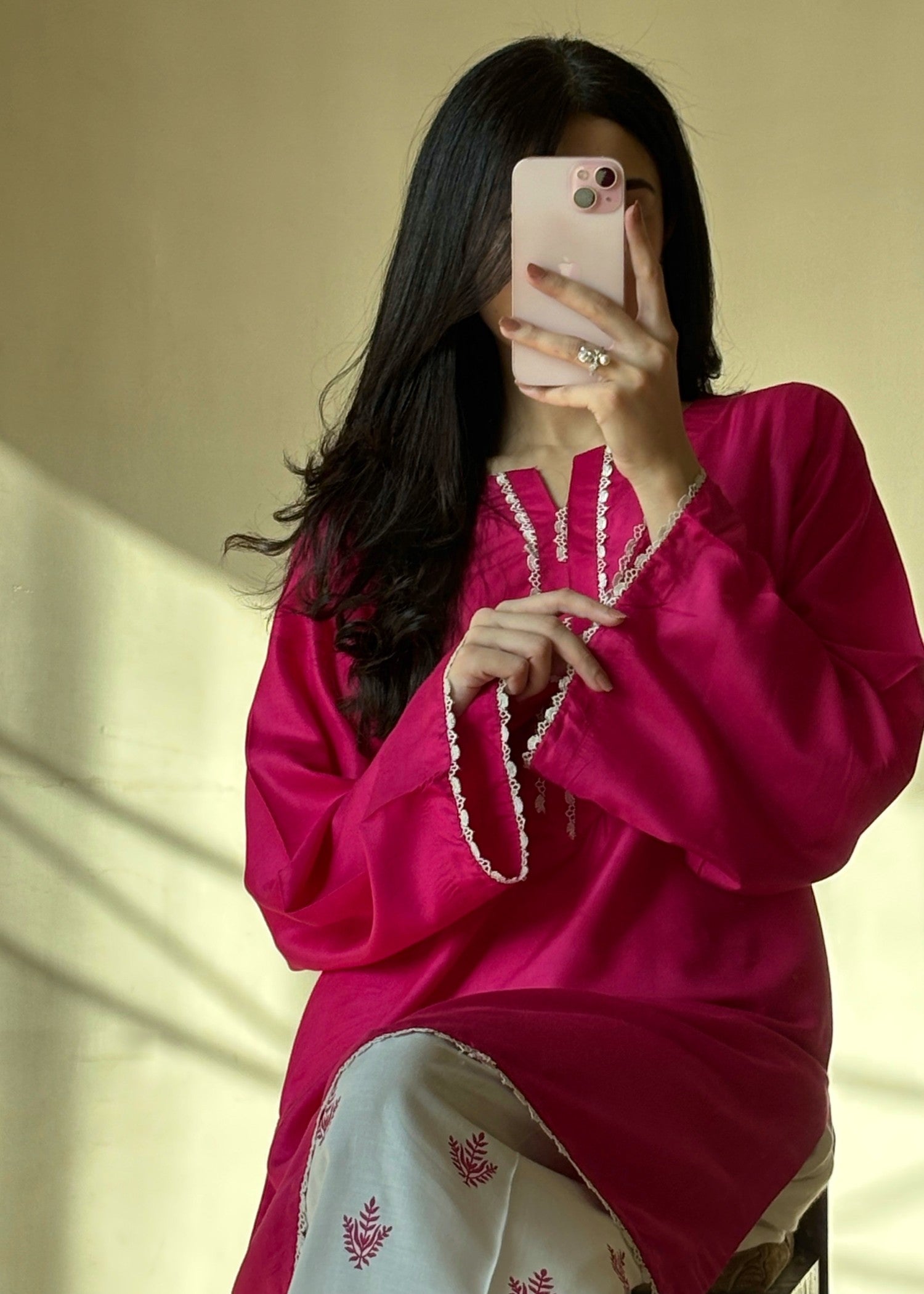 arabic lawn Kurta Set in Hot pink red