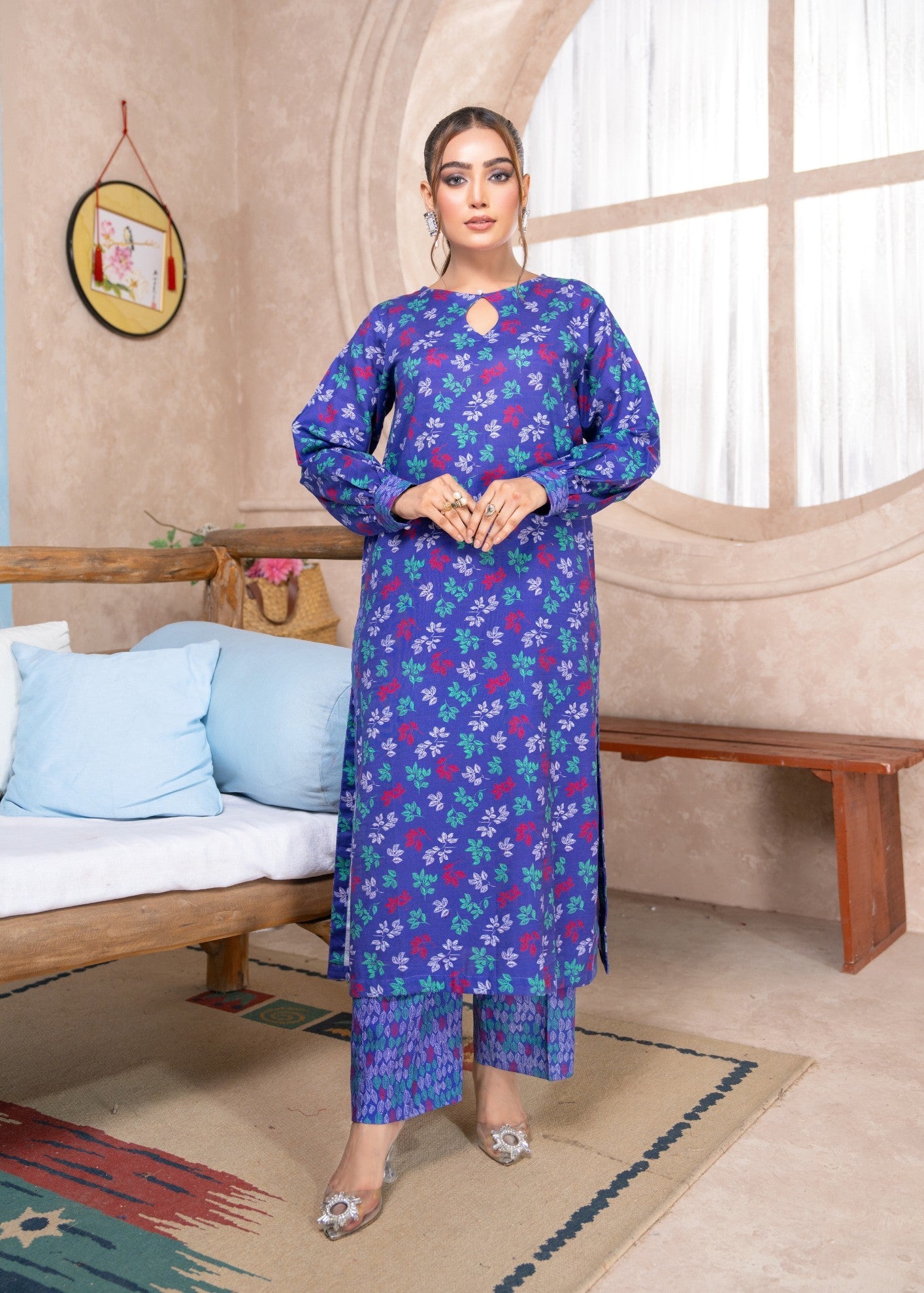 slub khaddar Kurta Set in Royal blue