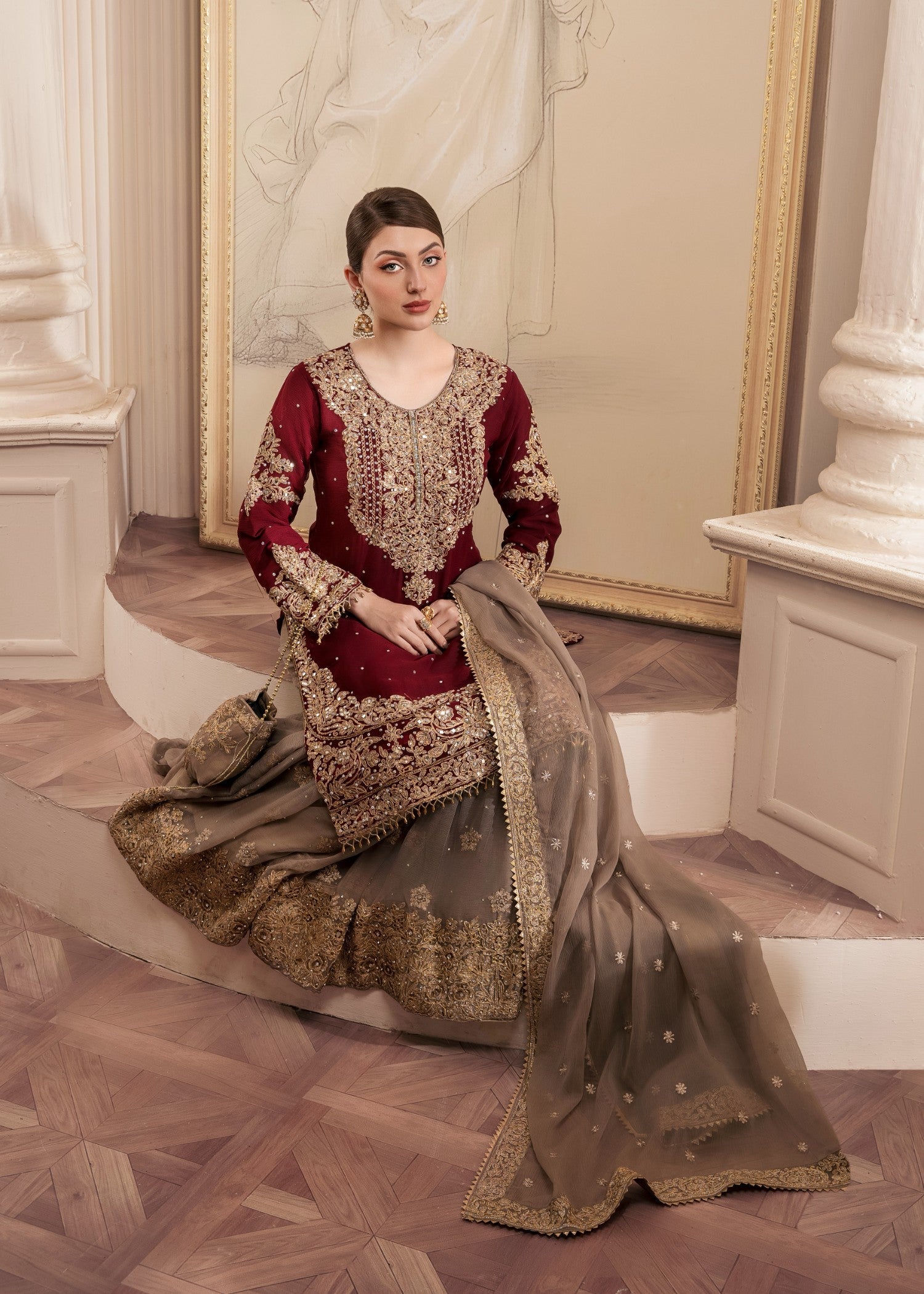 chiffon Gharara in Maroon