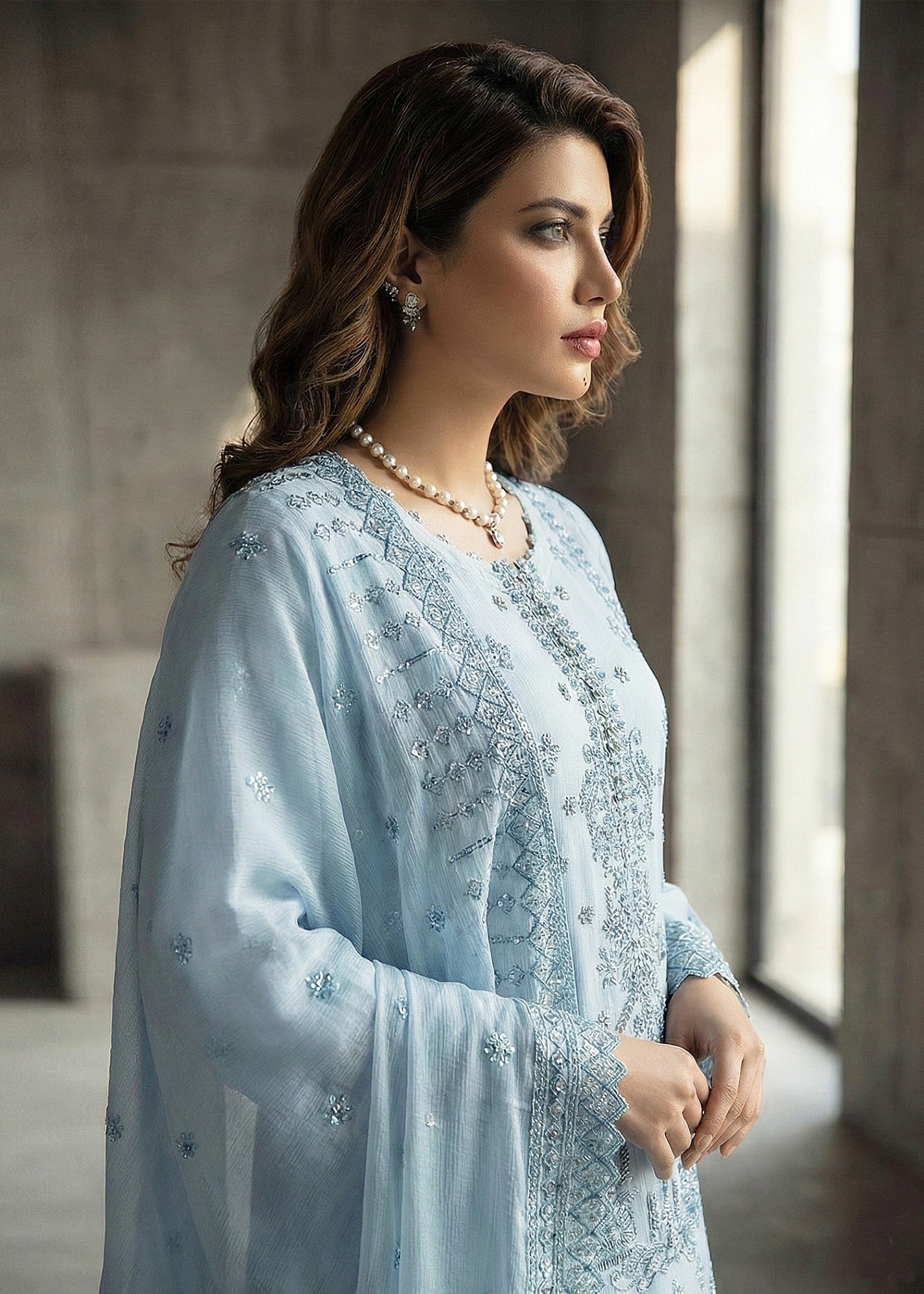 chiffon Kurta Set in Frost blue