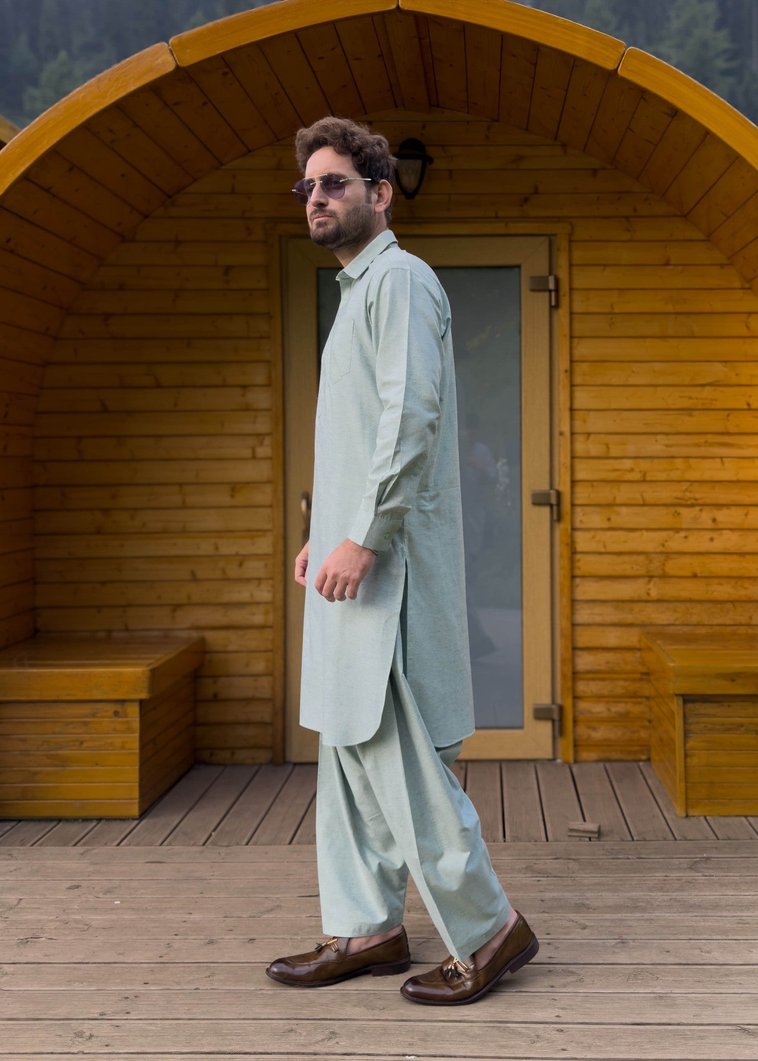 blended karandi Shalwar Kameez in Pistachio green