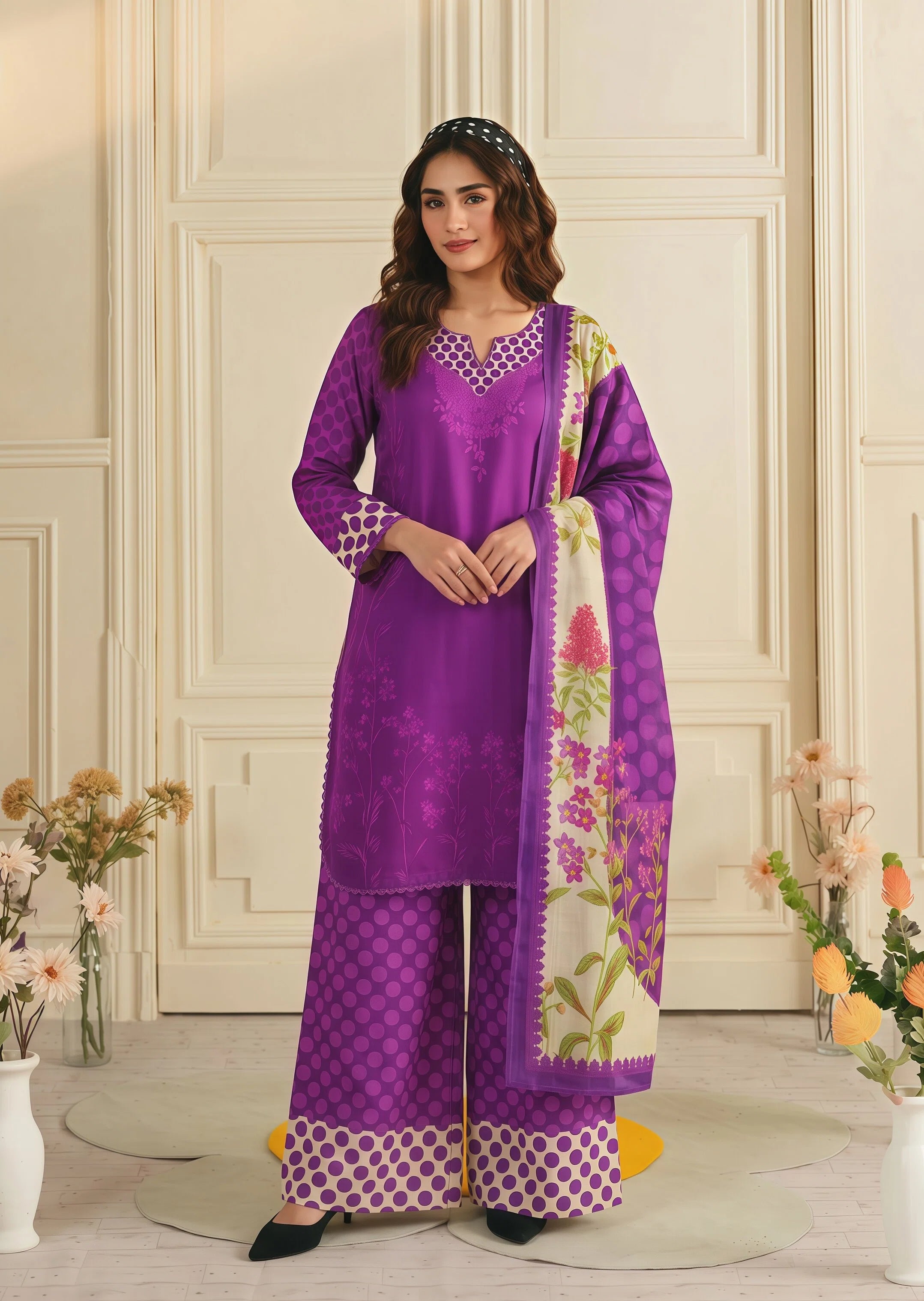 poly lawn Kurta Set in Purple