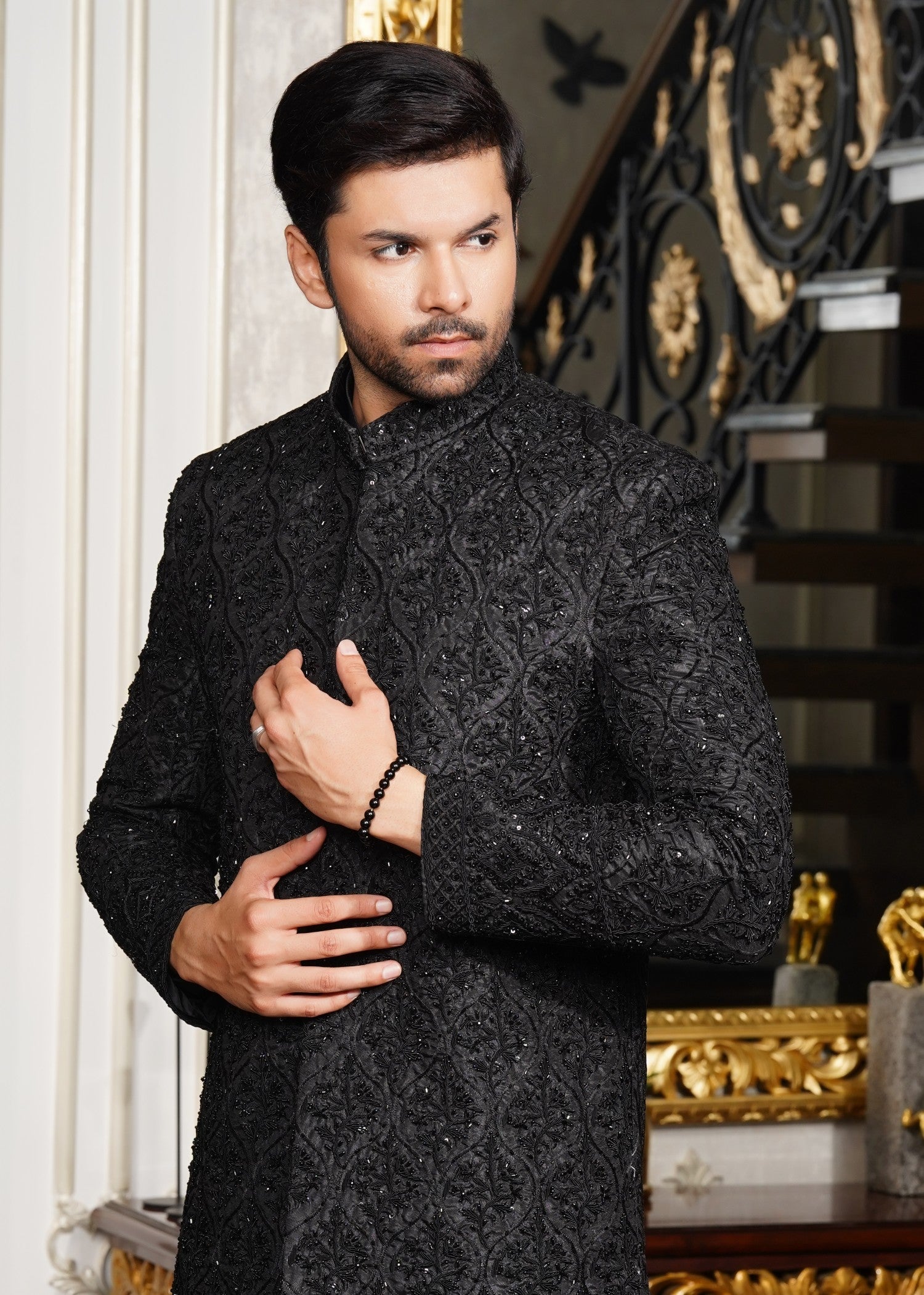 silk jamawar Sherwani in Black