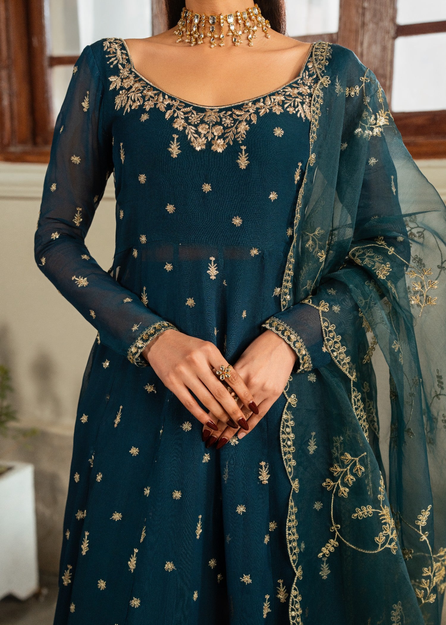 chiffon Pishwas in Bottle green