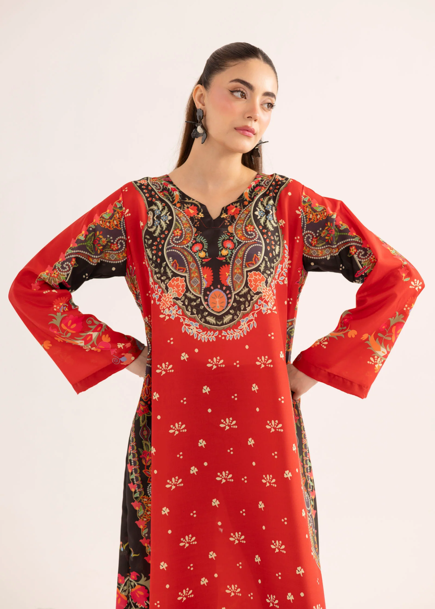 silk finish lawn Kaftan in Sunset orange
