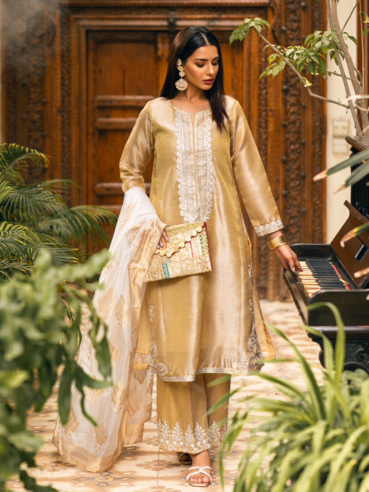 zari net Kurta Set in Beige